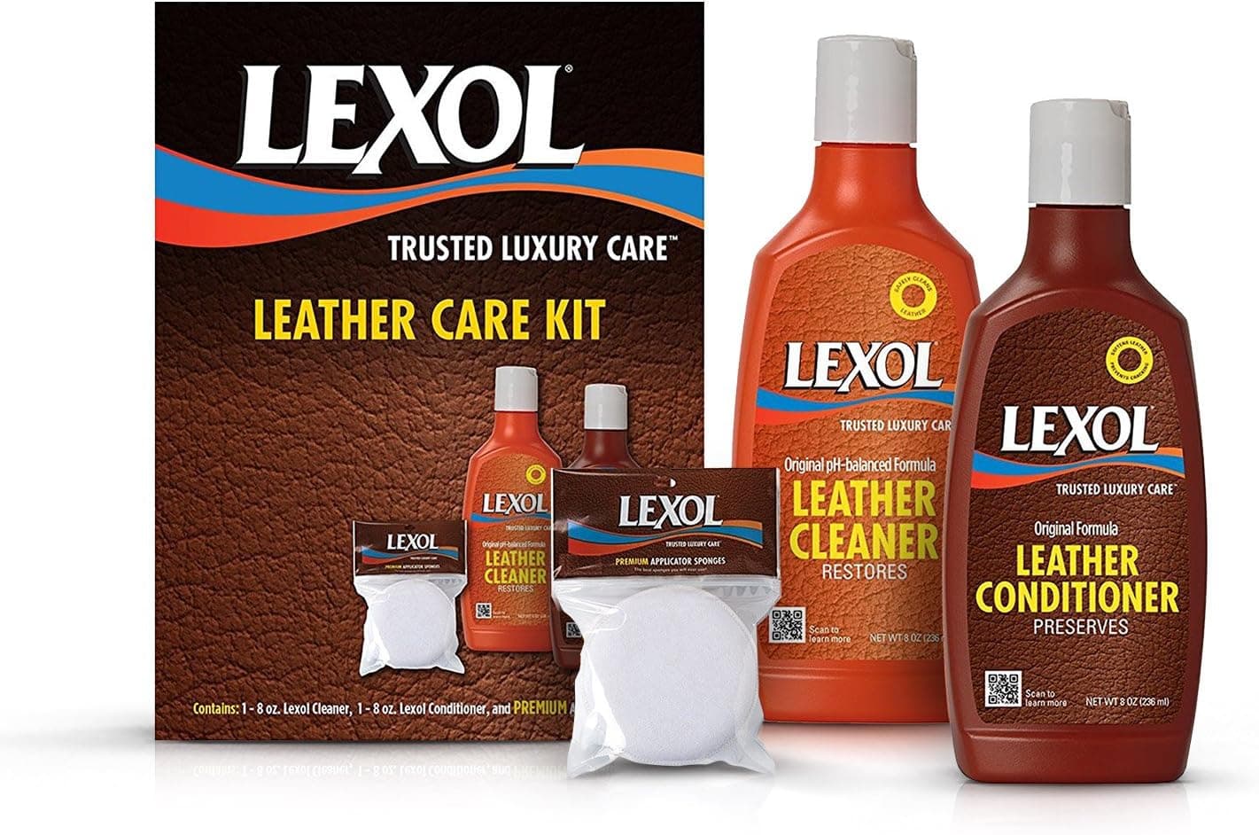 Lexol Leather Cleaner and Conditioner and Sponge Kit, For Leather Apparel, Furniture, Auto Interiors