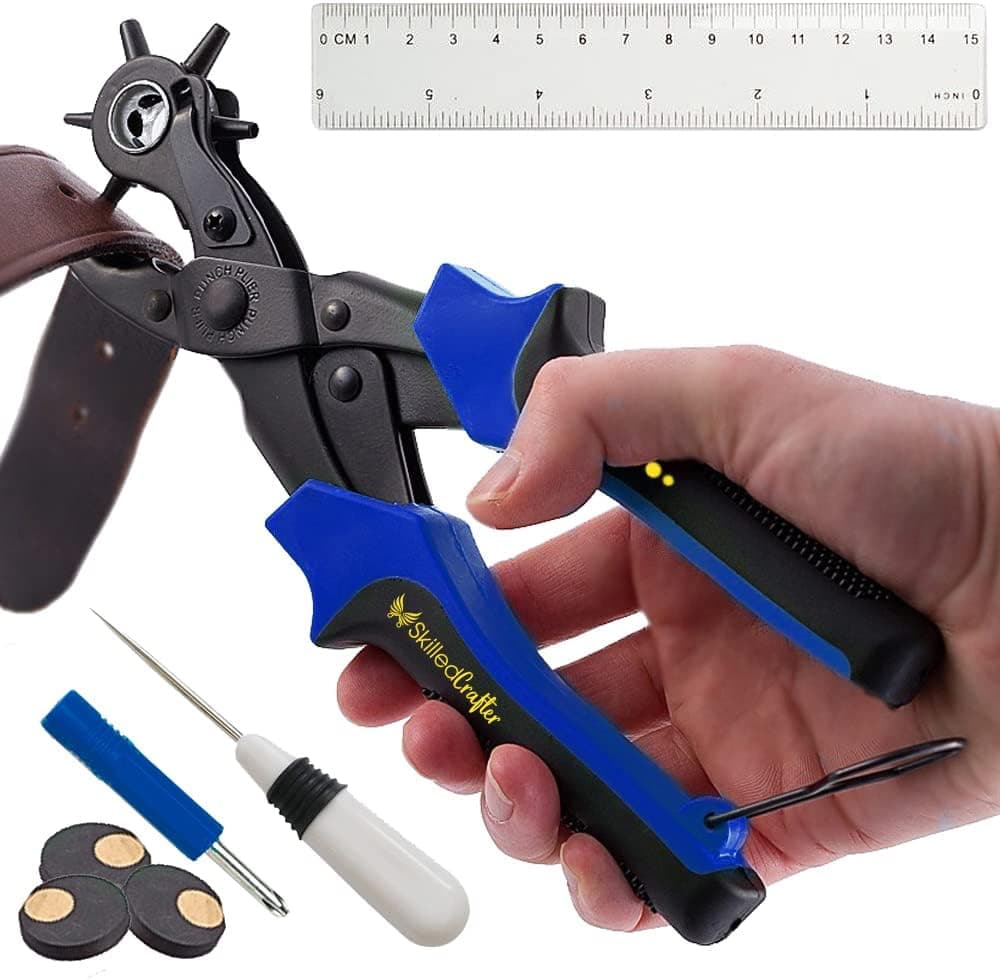 Skilled Crafter Leather Hole Punch & Belt Hole Puncher with Bonus Ruler & Awl Tool