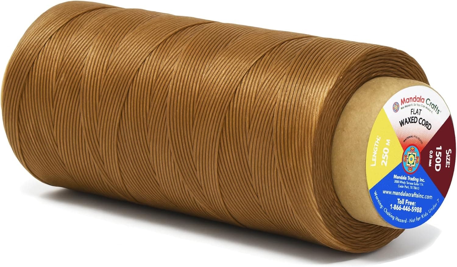 Mandala Crafts Tan Flat Waxed Thread for Leather Sewing - 273 Yds 150D 0.8mm Polyester Leather Thread String Waxed Cord