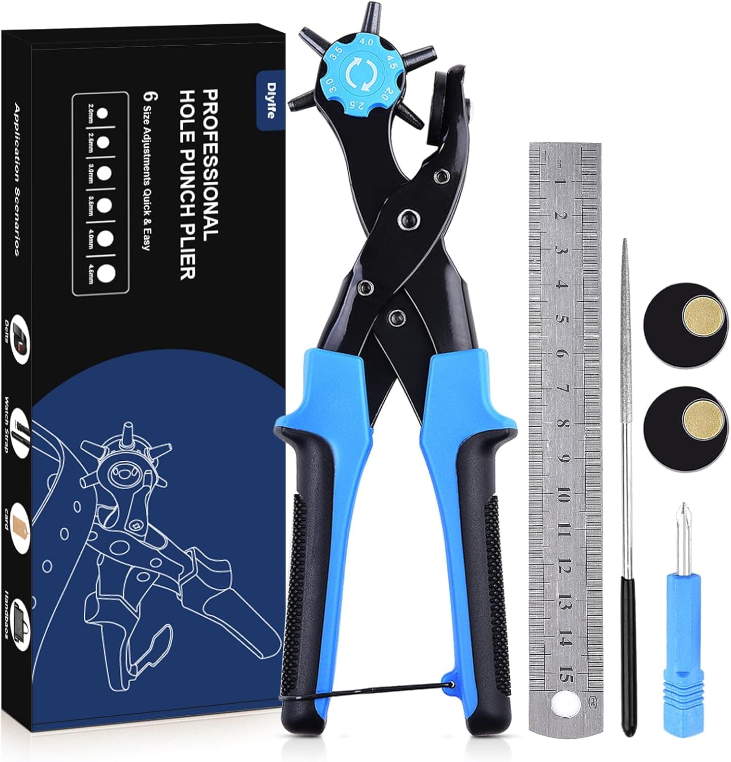 Diyife Professional Leather Hole Puncher Full Set Punch Tool Kit with Extra Punch Plates and Ruler