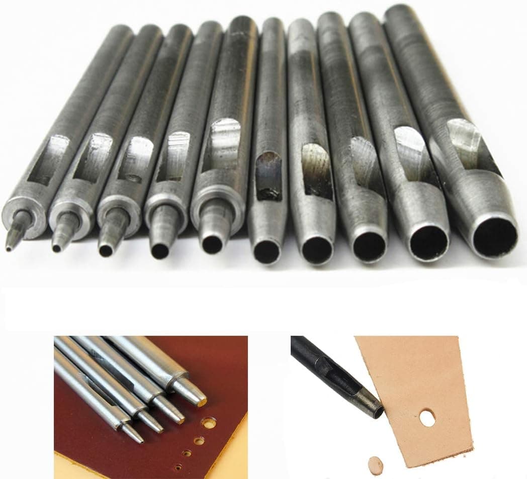 10 Sizes (0.5-5.0mm) Steel Leather Punch Tool Kit for DIY Belt & Repair, Heavy-Duty Hole Puncher Set