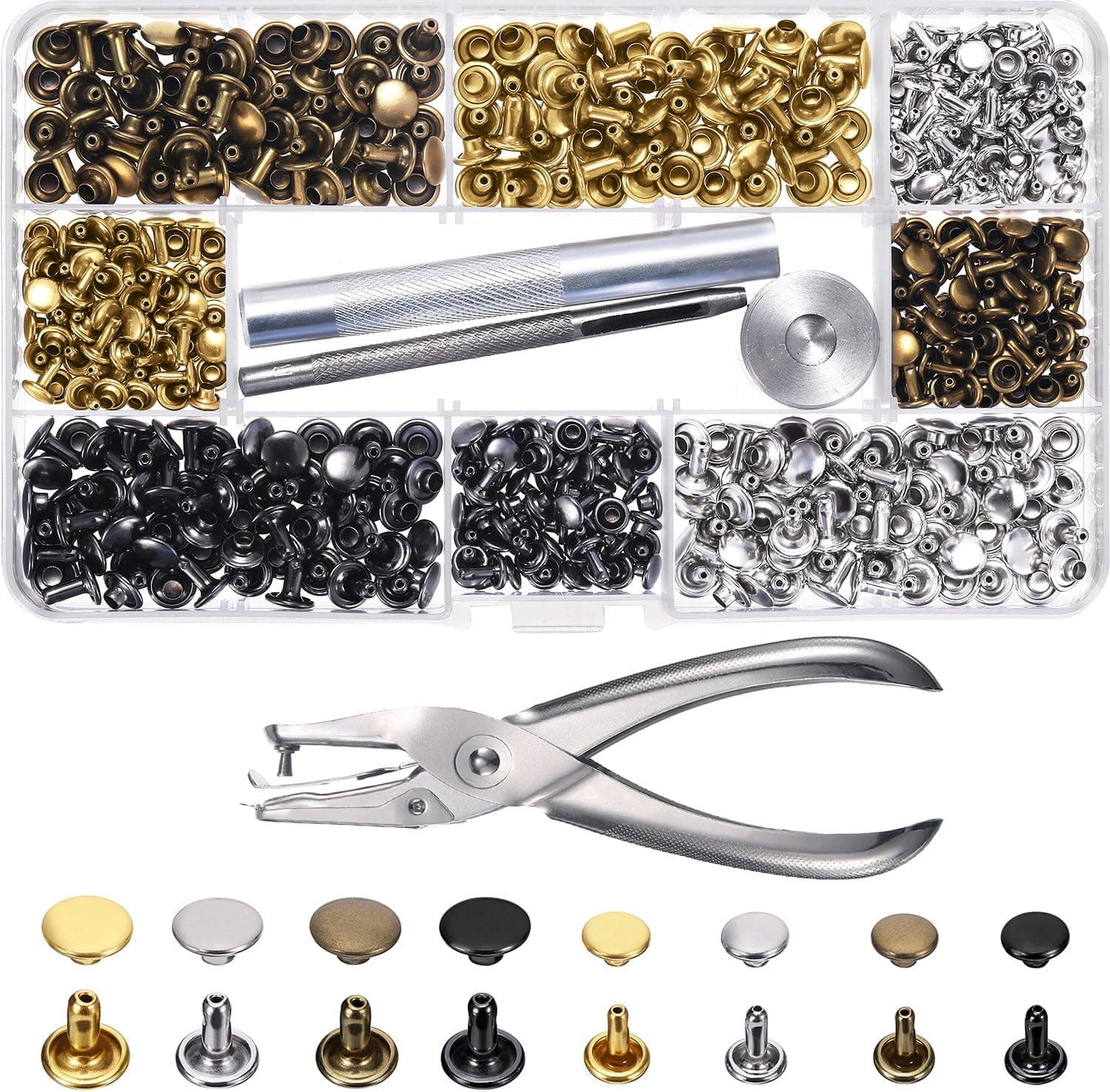 Bememo 240 Set Leather Rivets Double Cap Rivet Tubular Metal Studs 2 Sizes with Punch Pliers and 3 Pieces Setting Tool Kit
