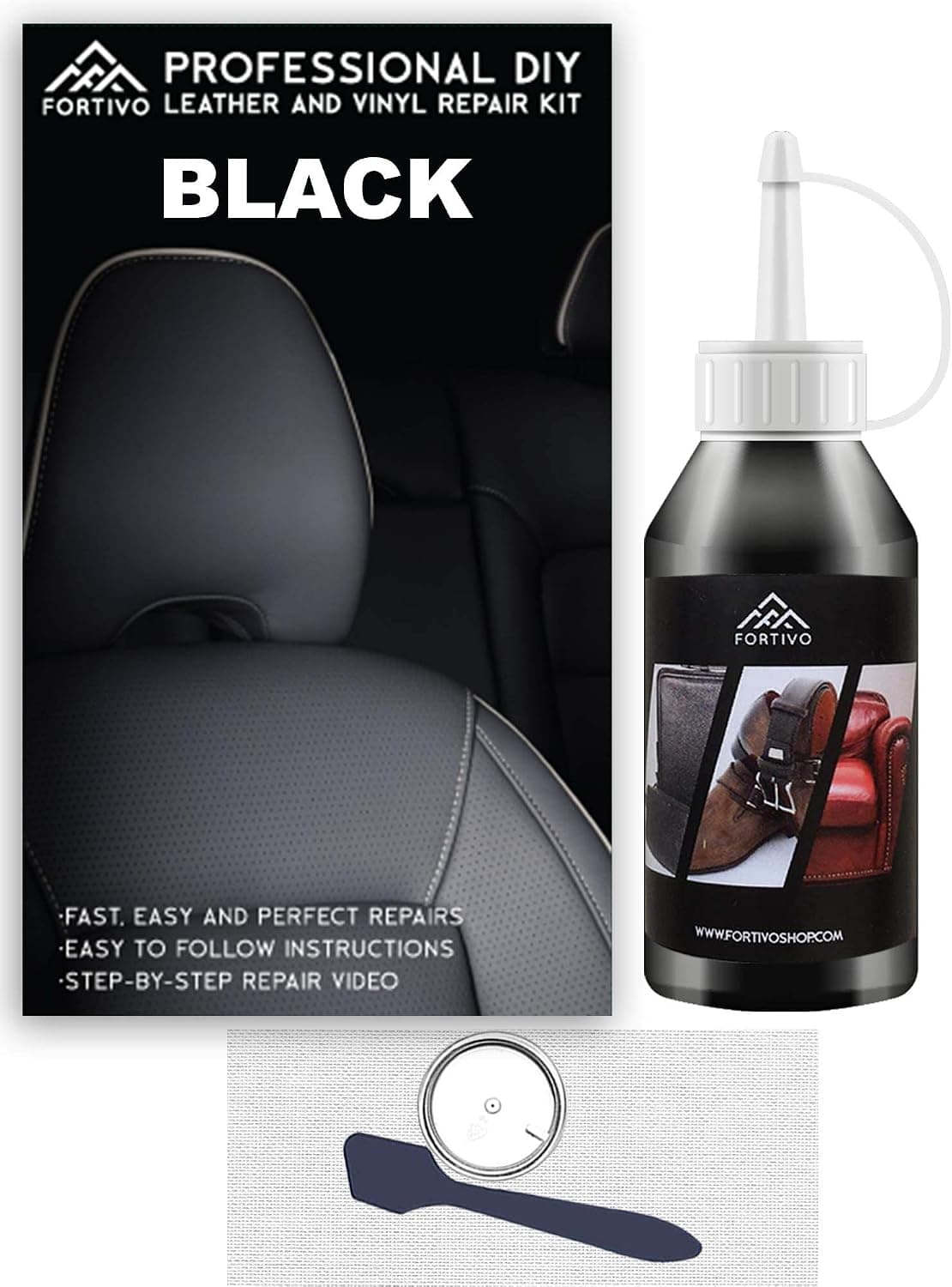 FORTIVO Black Leather and Vinyl Repair Kit - Repair and Restore Furniture, Couches, Car Seats, Jackets