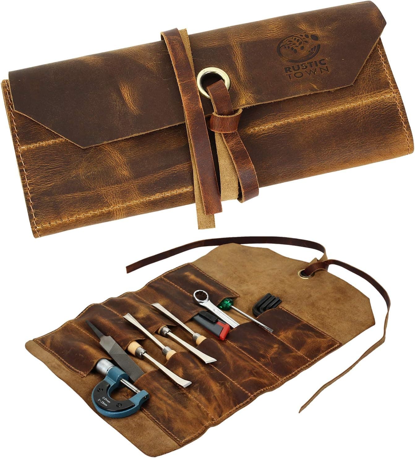 Rustic Town Leather Tool Roll Up Pouch - Leather Tool Wrench Roll / Chisel Bag