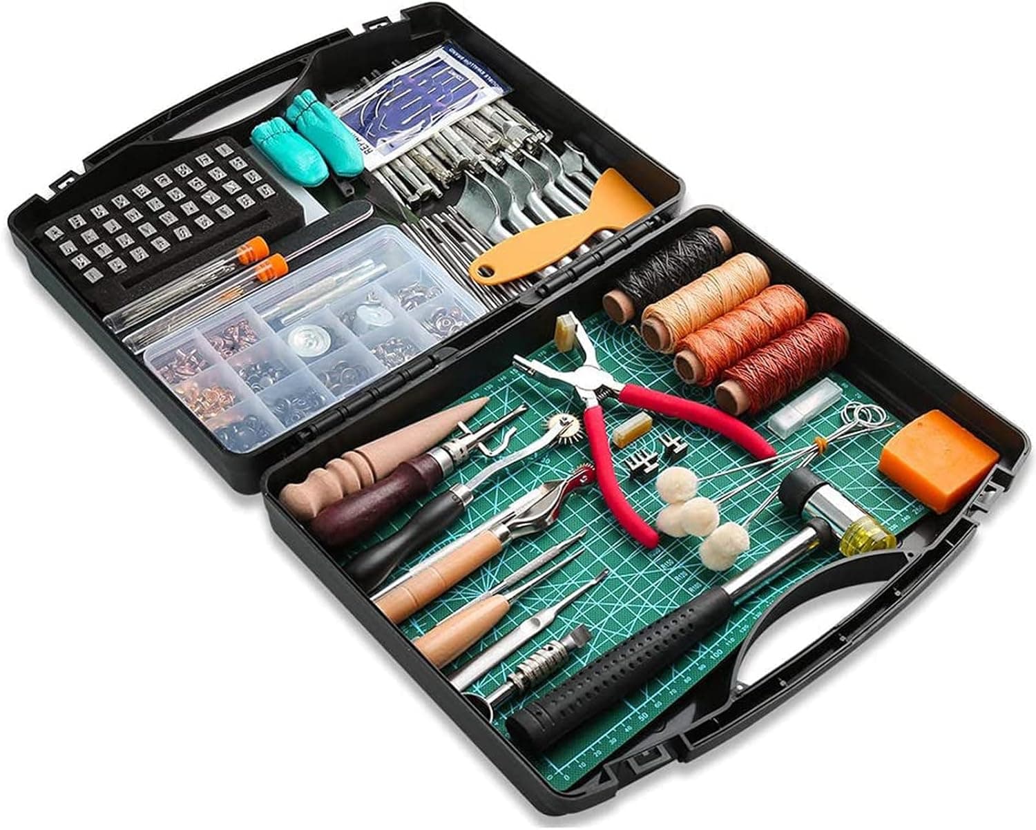273 Pieces Leather Working Tools and Supplies with Leather Tool Box Cutting Mat Hammer Stamping Needles Snaps and Rivets Kit