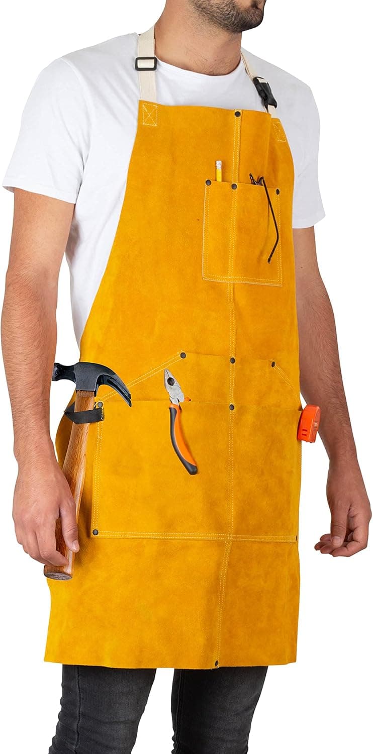 Ur Shield Heavy Duty Leather Welding Apron for Men - Cowhide Blacksmith Apron, 6 Pockets, Fire Resistant Work Apron
