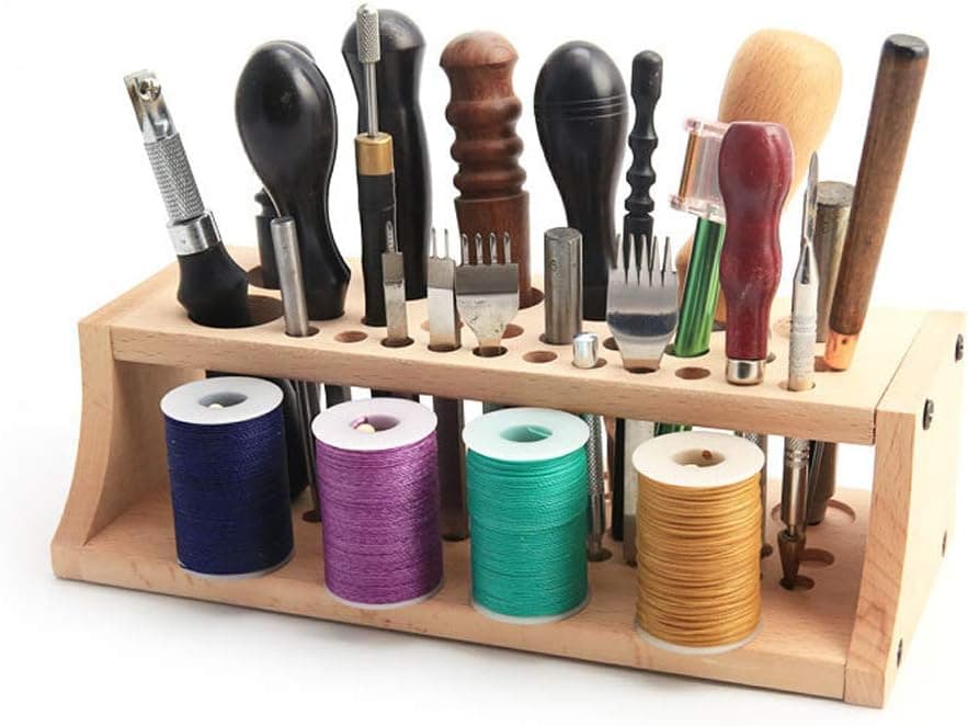 Wooden Leathercraft Tools Rack, Spool Thread Stand for Leather Craft, DIY Storage, Punch Holder Organizer (255x110x72mm)
