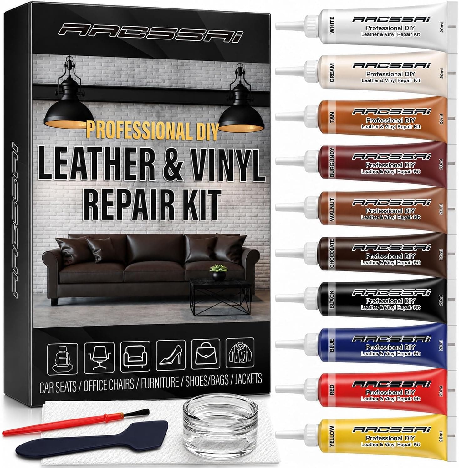 ARCSSAI Leather Repair Kit for Furniture, Couch & Car Seats - Vinyl Repair Kit to Match Any Color and Fix Tears, Cracks, Scratches