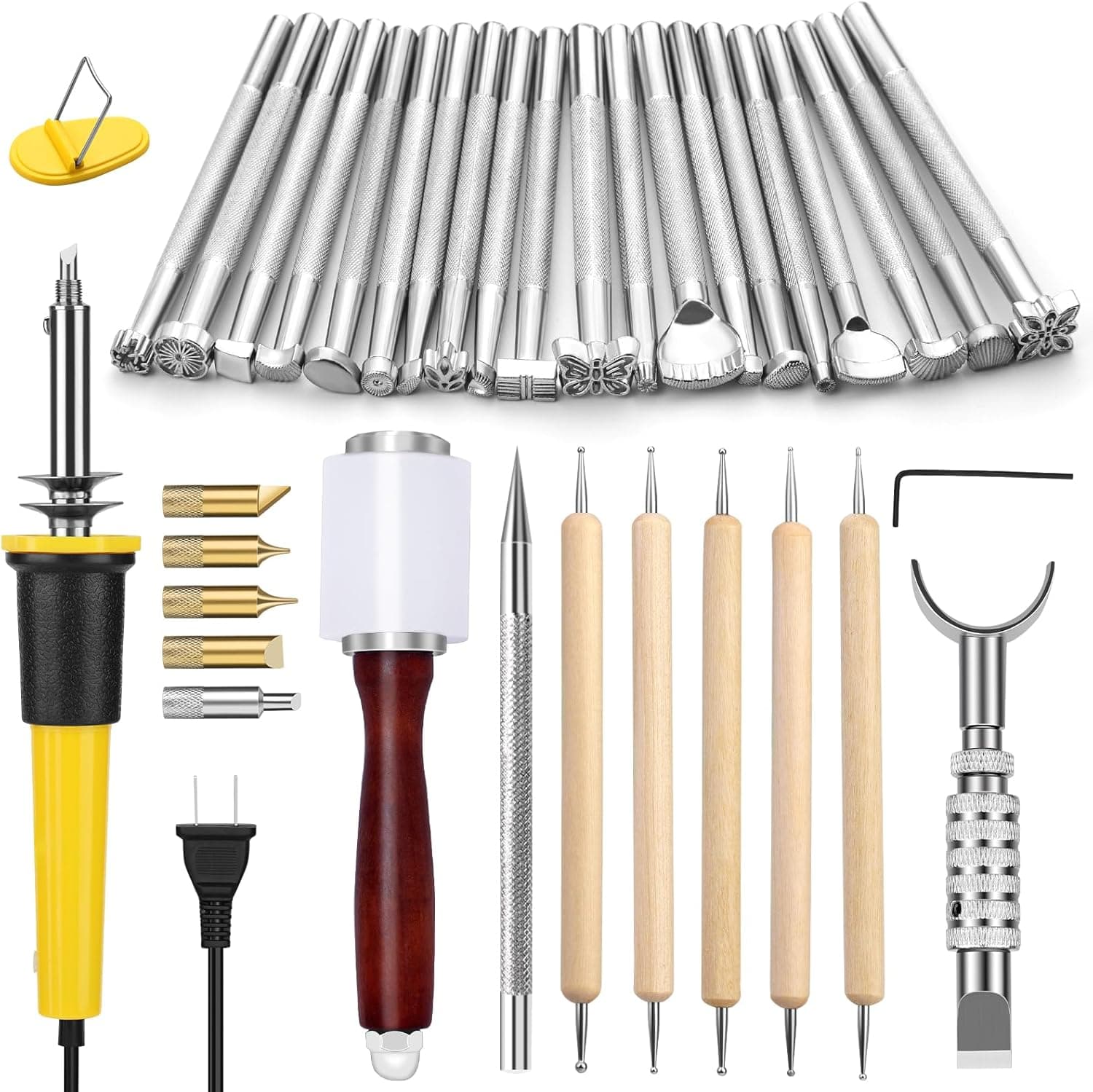 Leather Stamping Tools, Leather Carving Set, Working Kit for Beginners with Wood Burning Kit and Adjustable Swivel Knife
