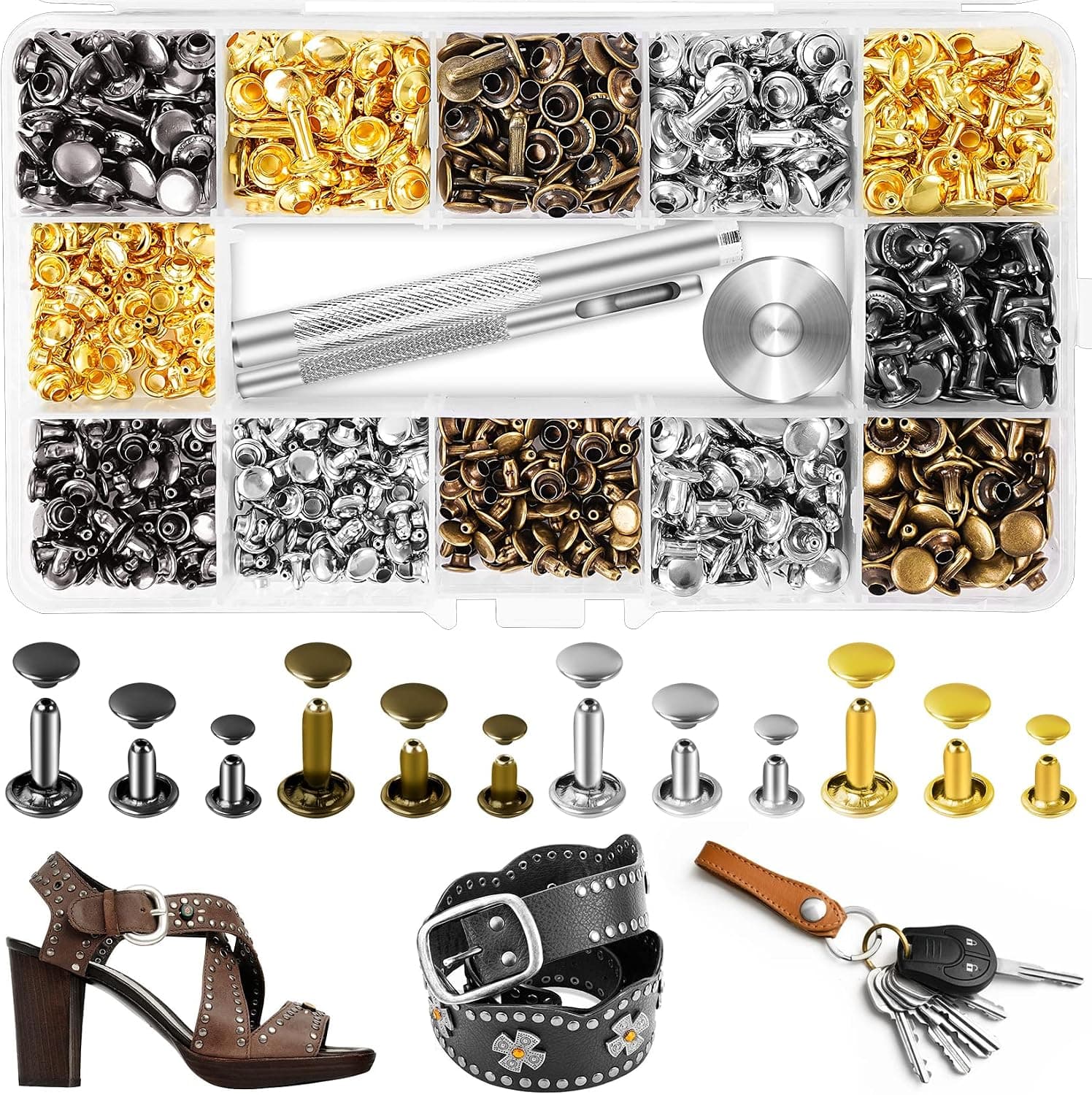 Jetmore 420 Sets Leather Rivets, 4 Colors and 3 Sizes Leather Rivet Kit with 3pcs Leather Tools, Double Cap Brass Rivets