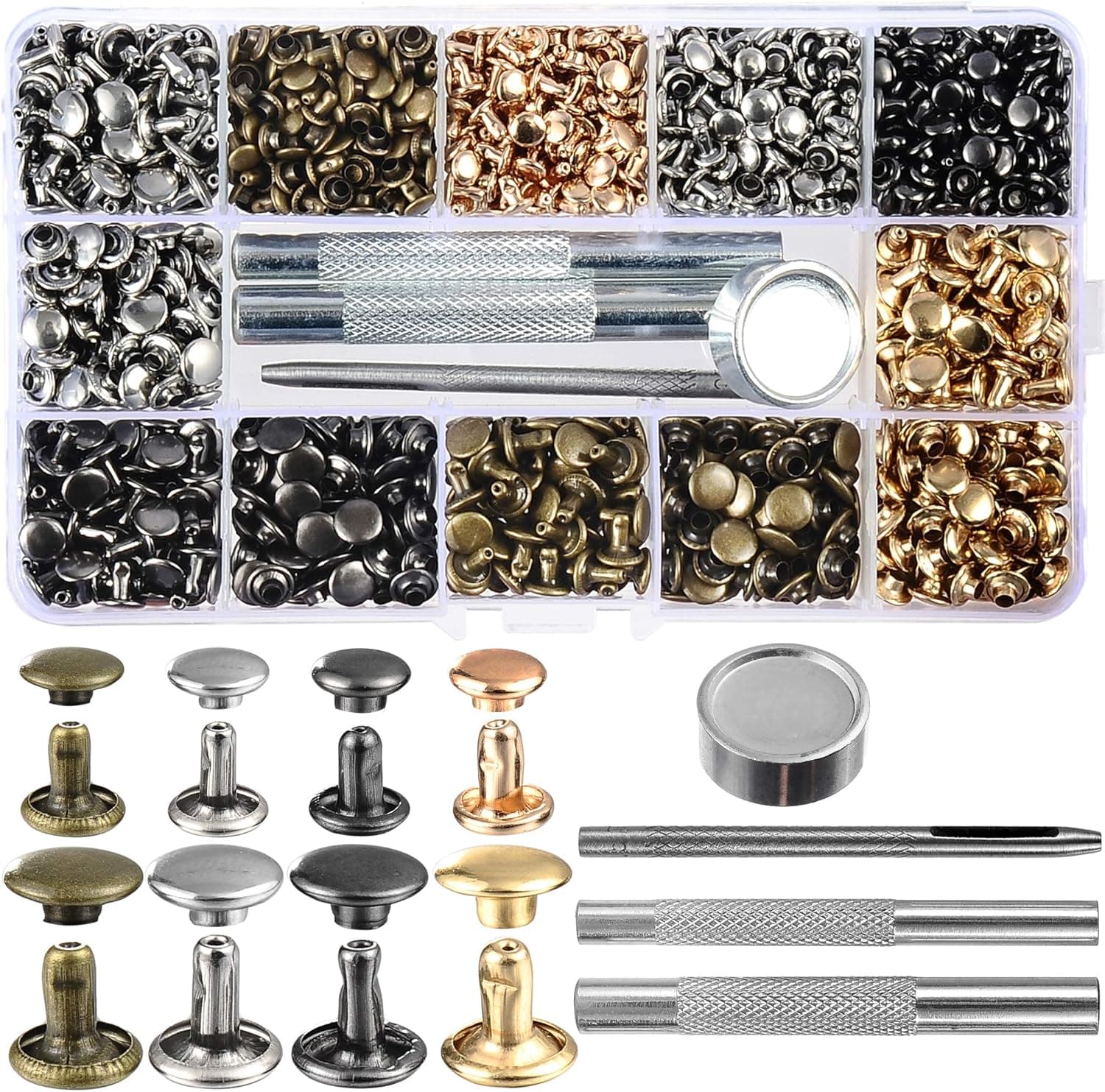640 Sets Mixed Color Leather Rivets Kit Mixed Size Double Cap Rivets with Rivet Press Setter Tool, 4 Colors 2 Sizes