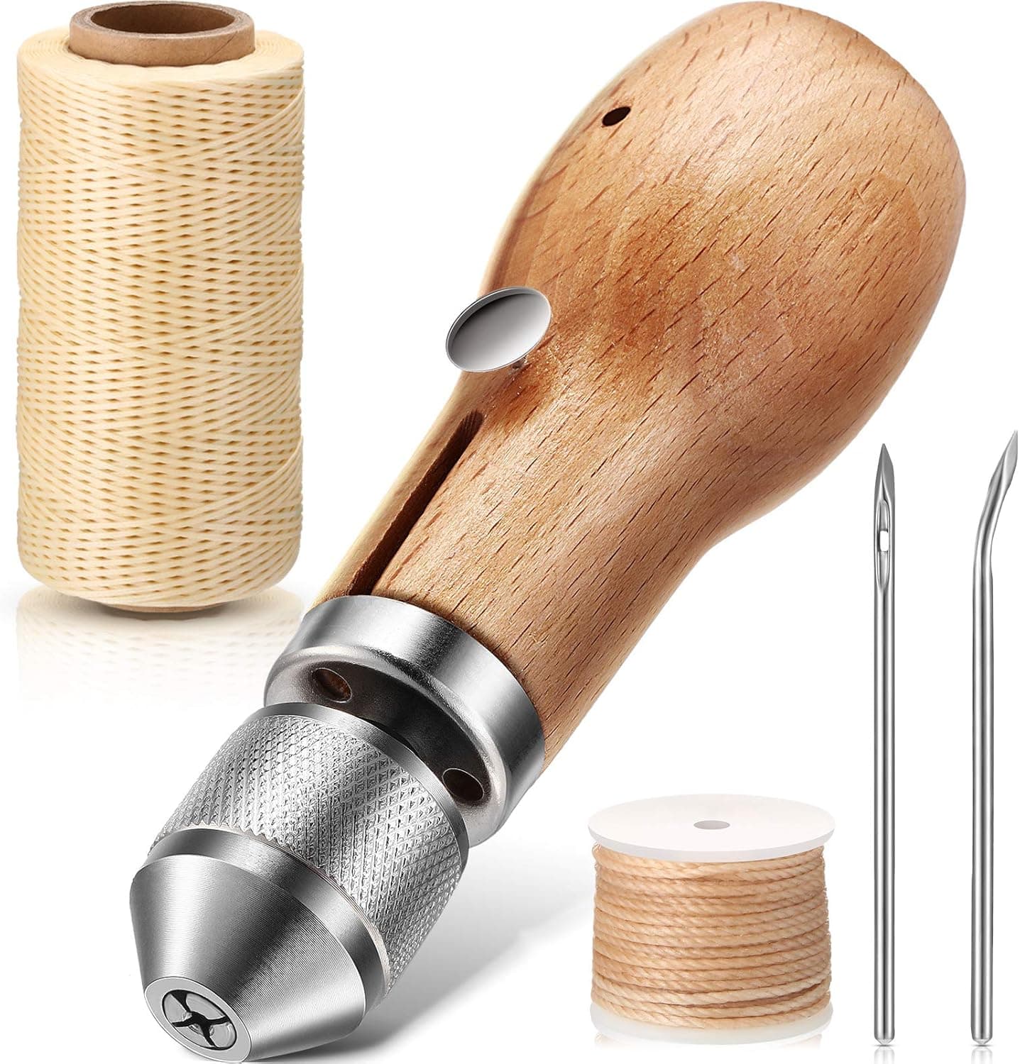 5 Pieces Sewing Awl Kit with Straight and Bent Needles and 200 Meters Waxed Thread