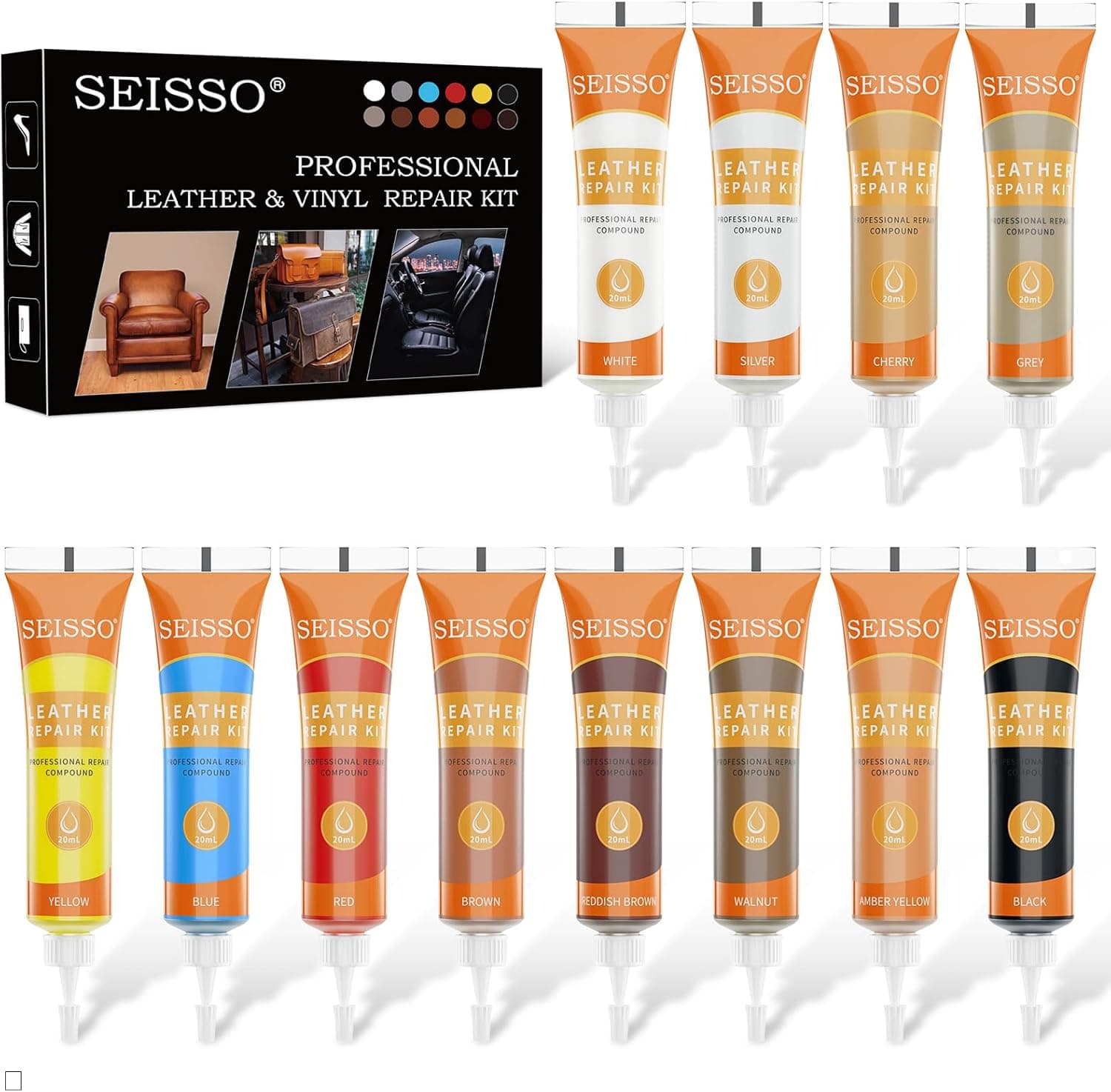 12 Colors Leather Repair Kit for Furniture, Vinyl Repair for Car Interior Seats Couch Sofa, Leather Filler Repair