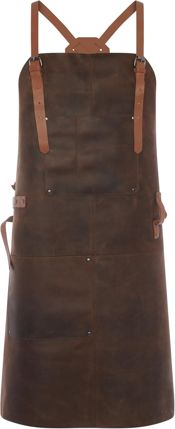 Theodore Premium Top Grain Leather Apron with Cross-Back for Men & Women - Heavy-Duty BBQ, Cooking, Woodworking Apron
