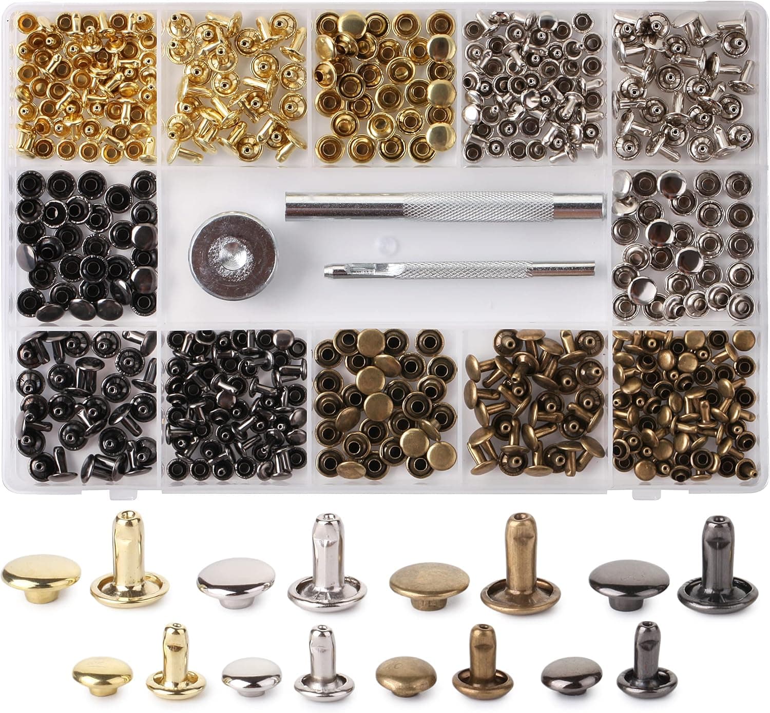 UNCO Leather Rivets Kit, 4 Colors, 2 Sizes, 240 pcs, Tubular Metal Studs with Fixing Tools, Double Cap Rivets