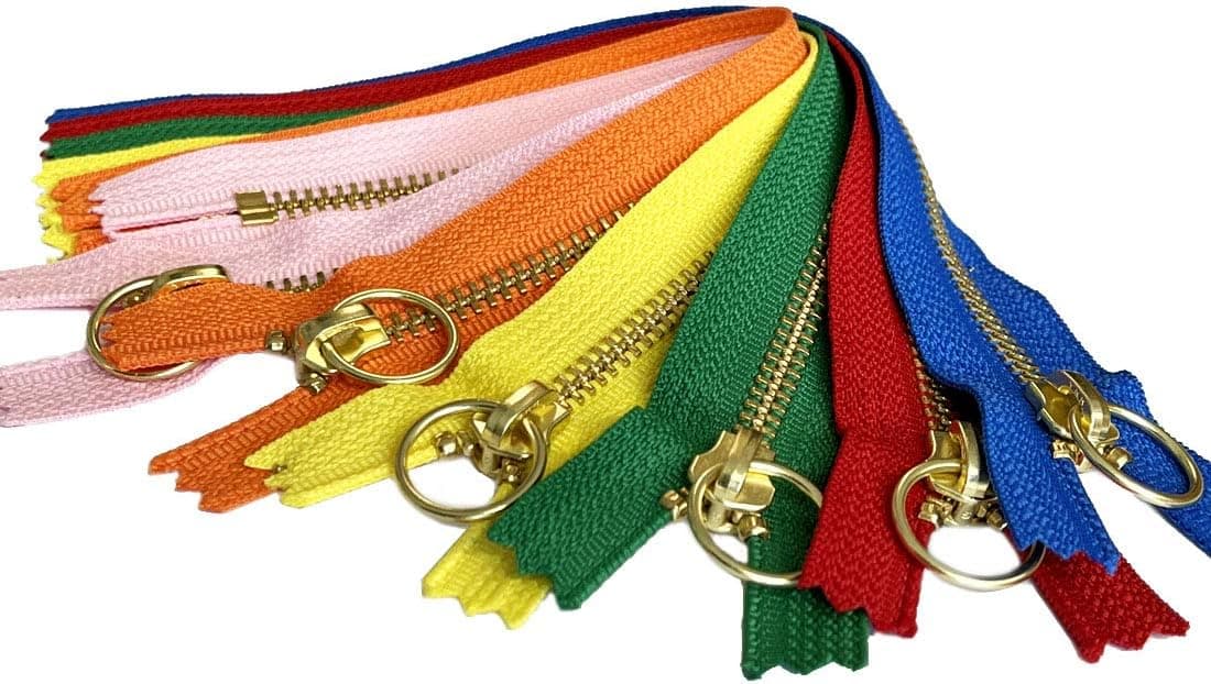 YKK #5 Brass with Notch Ring Pull (Mix of Hot Seasonal 6 Colors) 6 Pcs Metal Zipper Closed-End for Small Handbag or Pouch