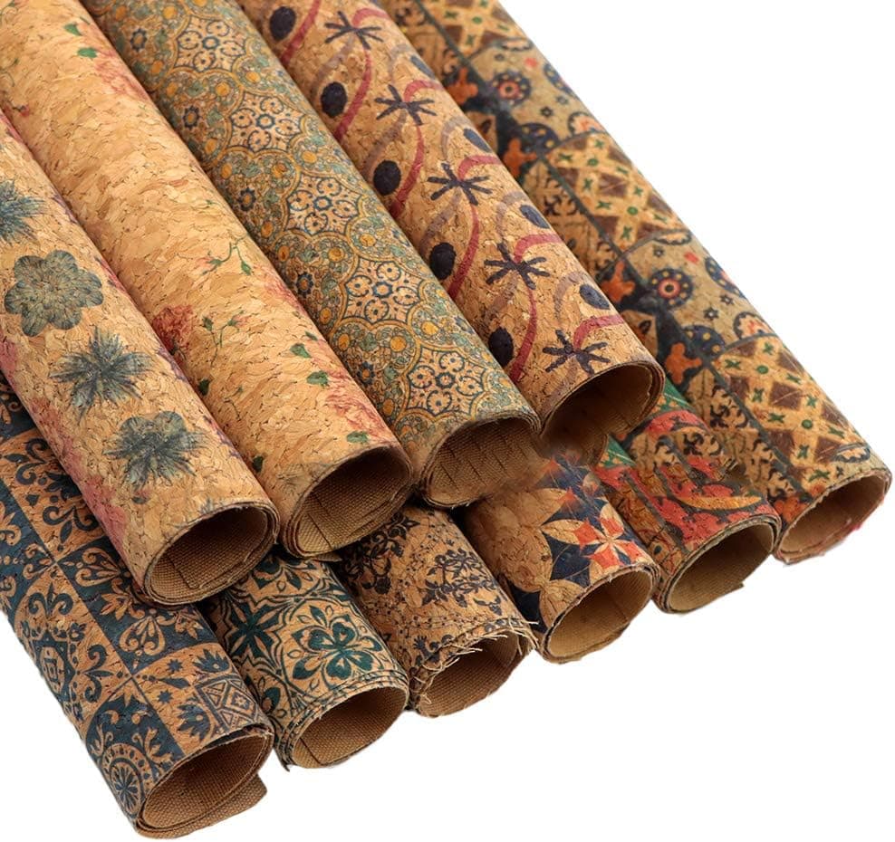 LOOGOOL Real Cork Leather Fabric, 10Pcs 7.9" x 13.4" Thin Faux Leather Sheets with Canvas Backing