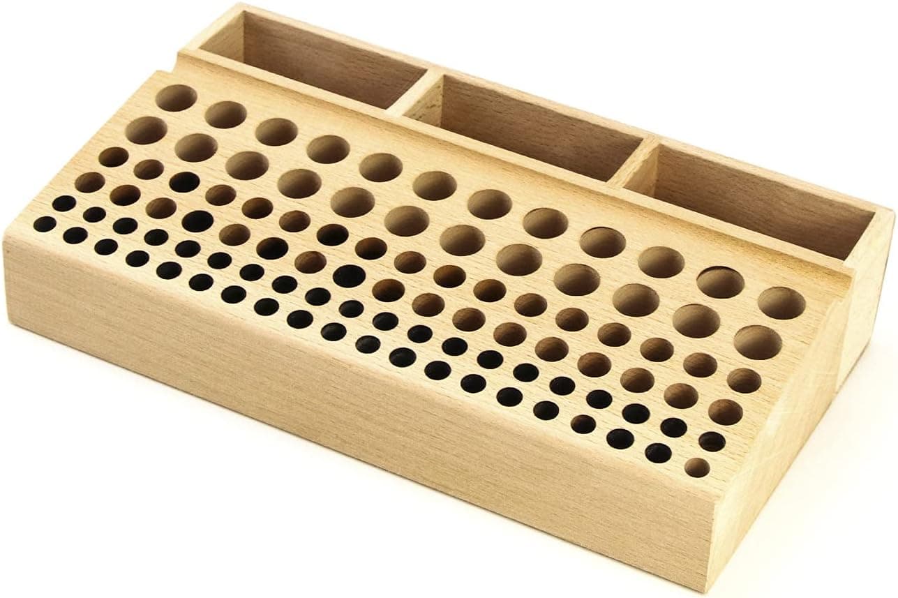 QWORK Leather Working Tool Holder, 98 Holes Wooden Leathercraft Tool Rack Stand Organizer with 3 Slots