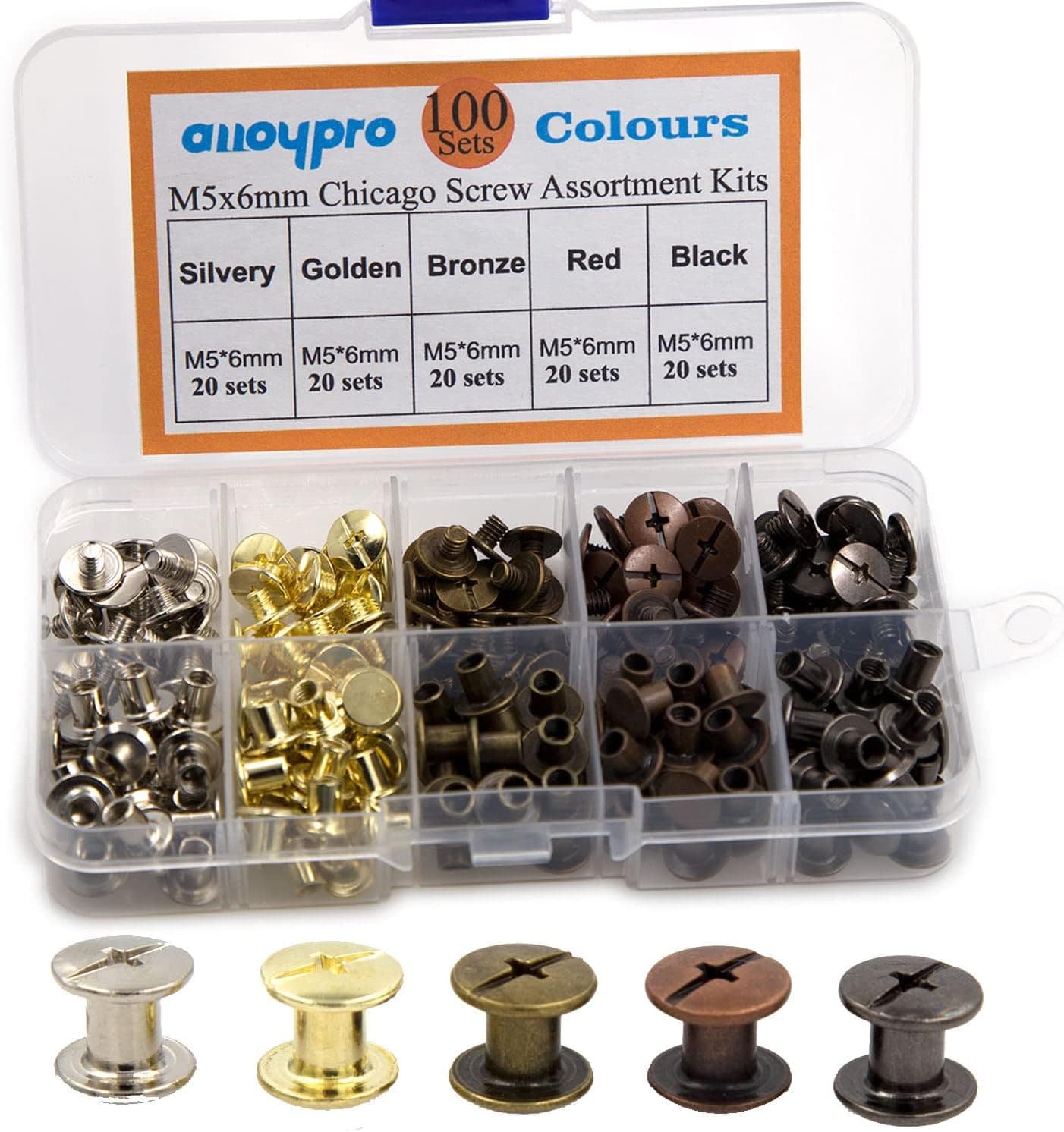 100 Sets Chicago Screws Assorted Kit 5 Color Leather Rivets Flat Fillister Book Binding Posts