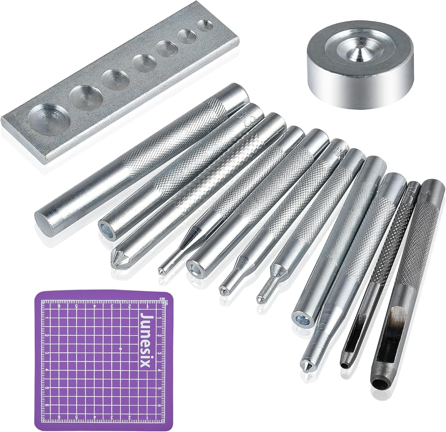 Worldity 14Pcs Rivet Setter, Leather Die Punch Snap Kit, Stainless Steel Rivet Setting Tool with Non Slip Base