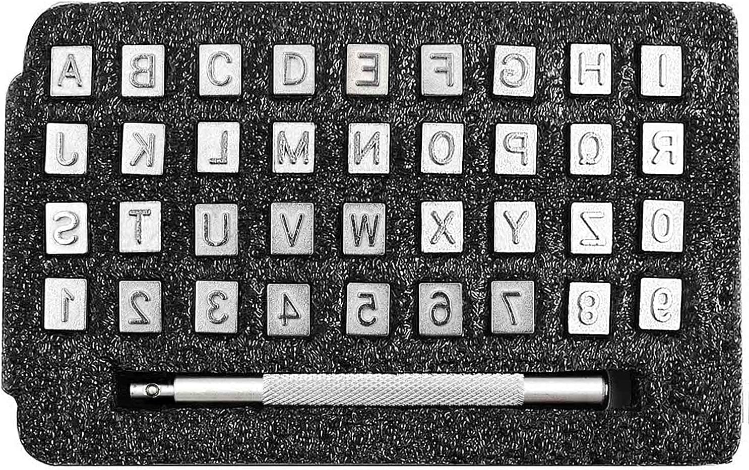 JONMON Leather Letter and Number Stamps Punch Set - 36Pcs 6mm Leathercraft Metal Capital Alphabet Stamping Tools with Handle