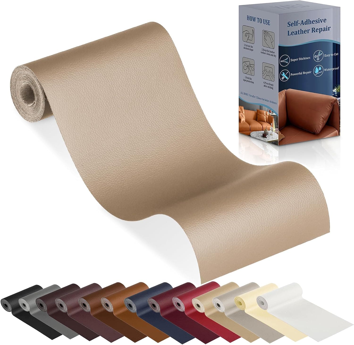 YAFLC Leather Repair Patch for Furniture, 4" x 63" Self Adhesive Leather Repair Kit Vinyl Repair Tape, Medium Beige