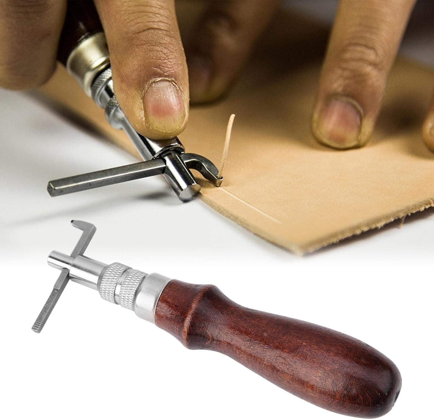 Adjustable Leather Edge Stitching Groover with Wooden Handle Leather Skiving Grooving Tool