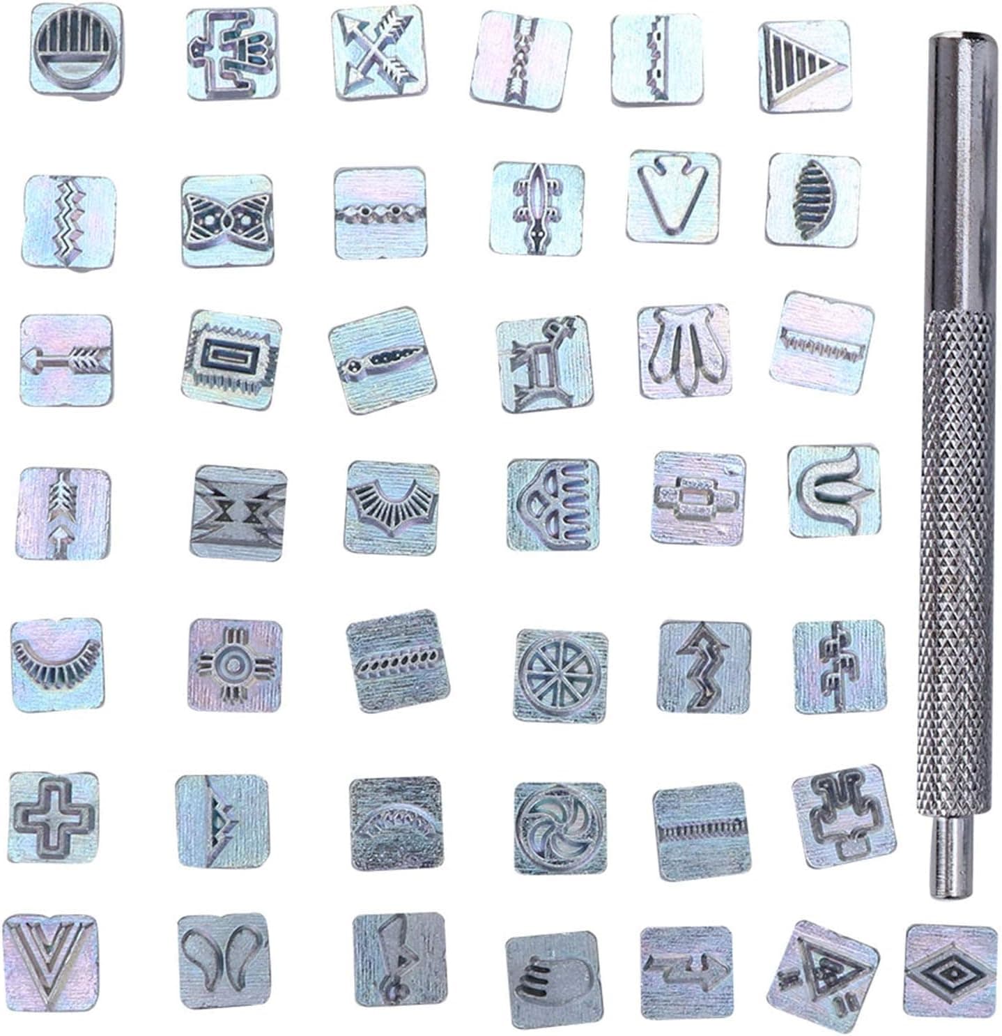 43pcs Leathercraft Stamping Tools Set, 10mm Artistic Design Leather Stamps with Stamping Handle Punch Set
