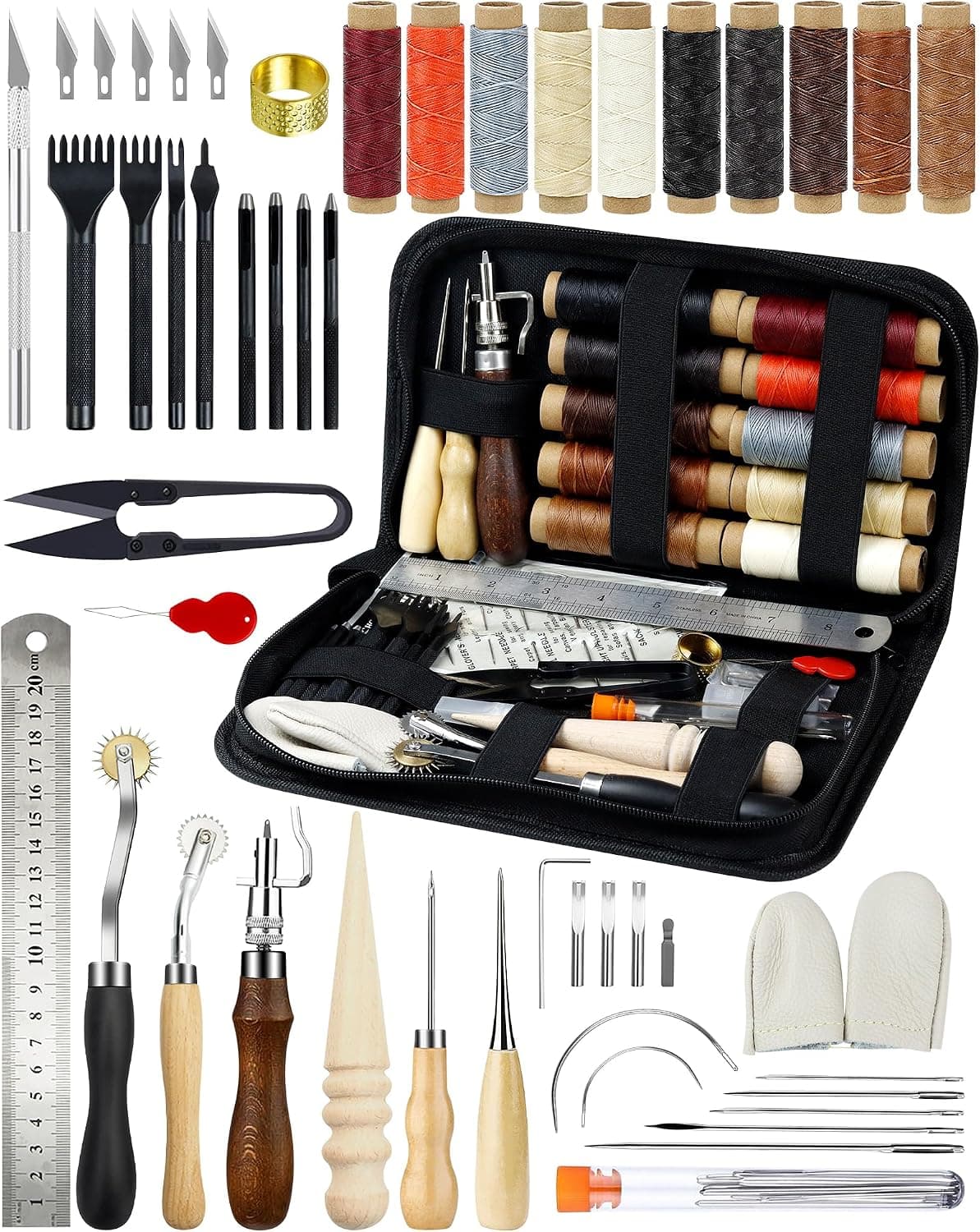 PLANTIONAL Leather Working Tools for Beginners: Professional Leather Craft Kit with Waxed Thread Groover Awl Stitching Punch