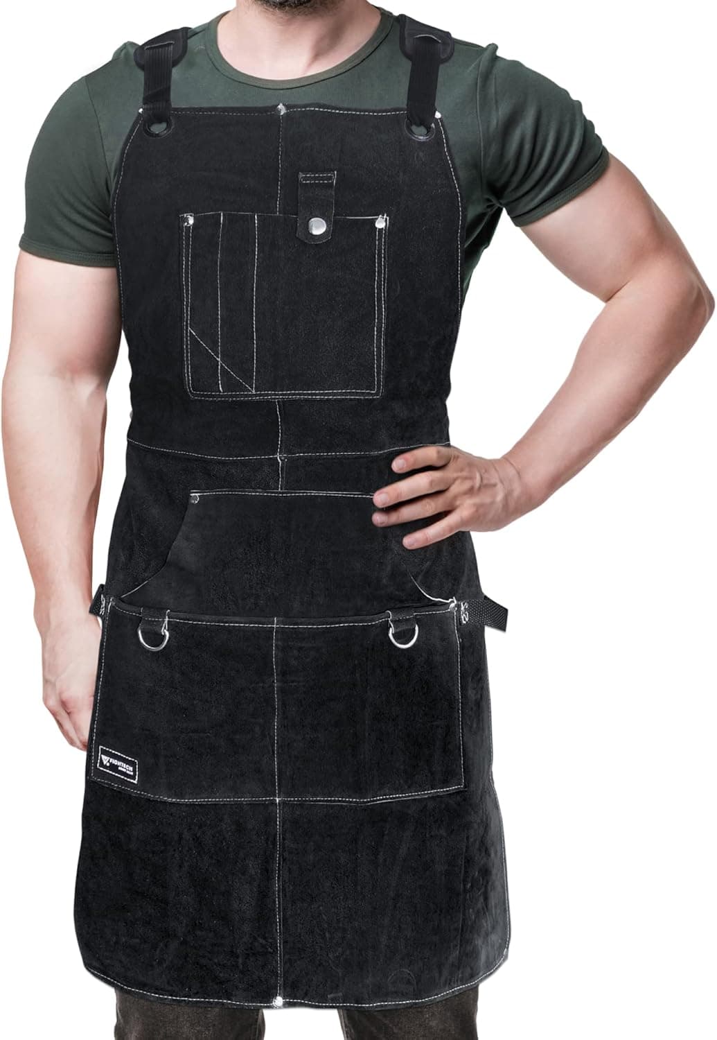 FIGHTECH Leather Work Apron with Tool Pockets, Welding Apron with Kevlar Stitching, Woodworking Shop Apron, Adjustable M-XXL
