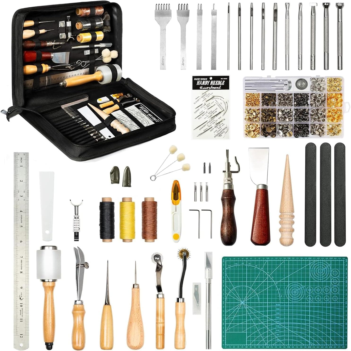 FifthQuarter Leather Tooling Kit: 458 Pcs Essential Leather Working Tools and Supplies with Organizer