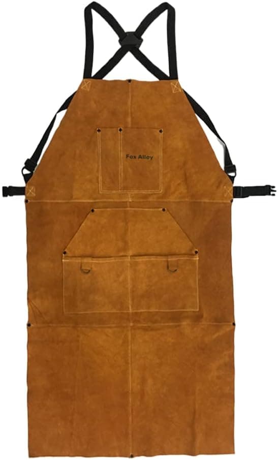 Fox Alloy Long Real Leather Apron 43.7" Heavy Duty Work Apron with 6 Tool Pockets, Heat Flame Resistant Welding Apron