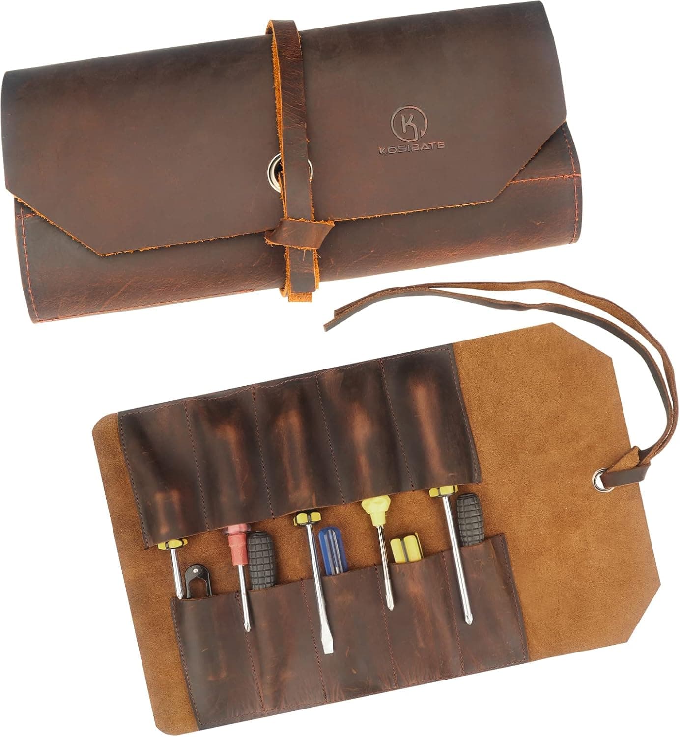 Kosibate Tool Roll Up Bag, Leather Tool Chisel Bag / Wrench Roll Pouch, Portable Woodworking Organizer Tote
