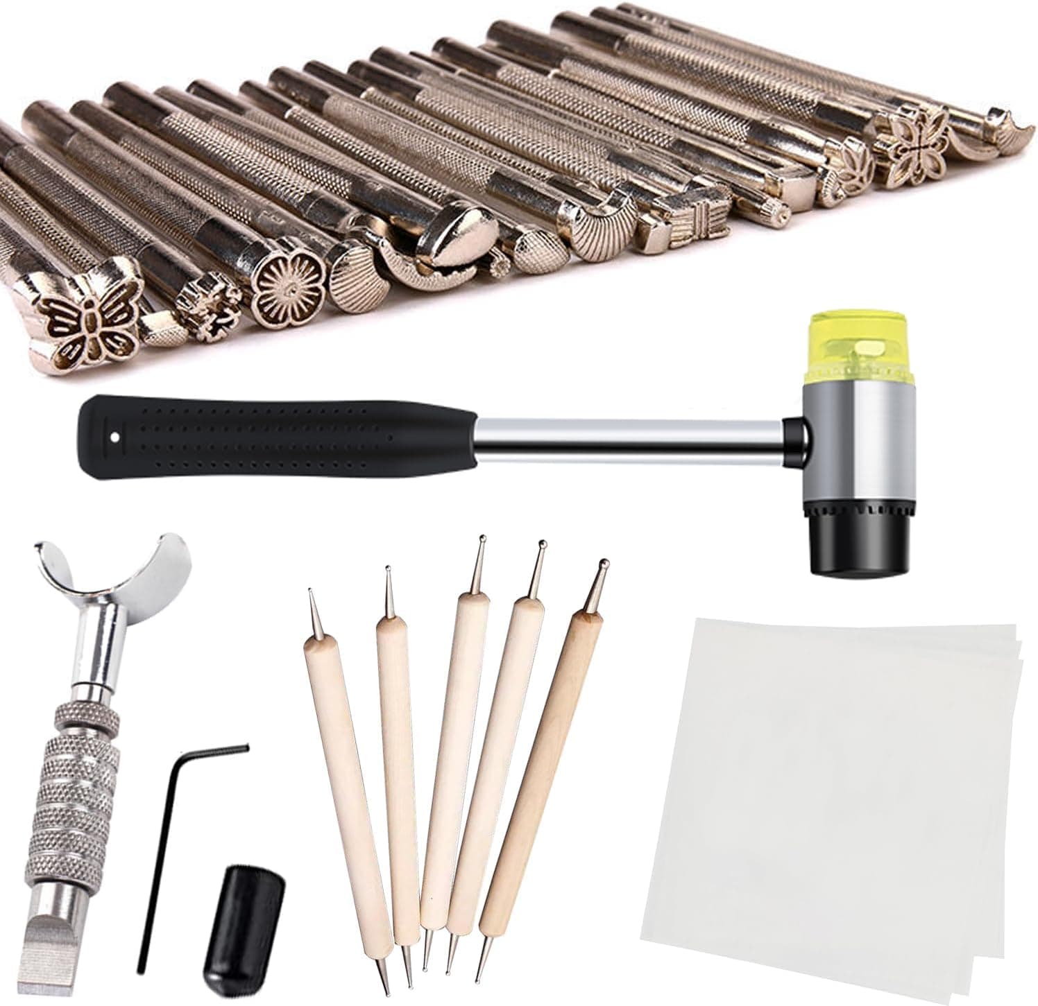 Leather Stamping Tools Kit, Saddle Making Stamp Punch Set with Leather Working Hammer, Swivel Knife, Tracing Paper