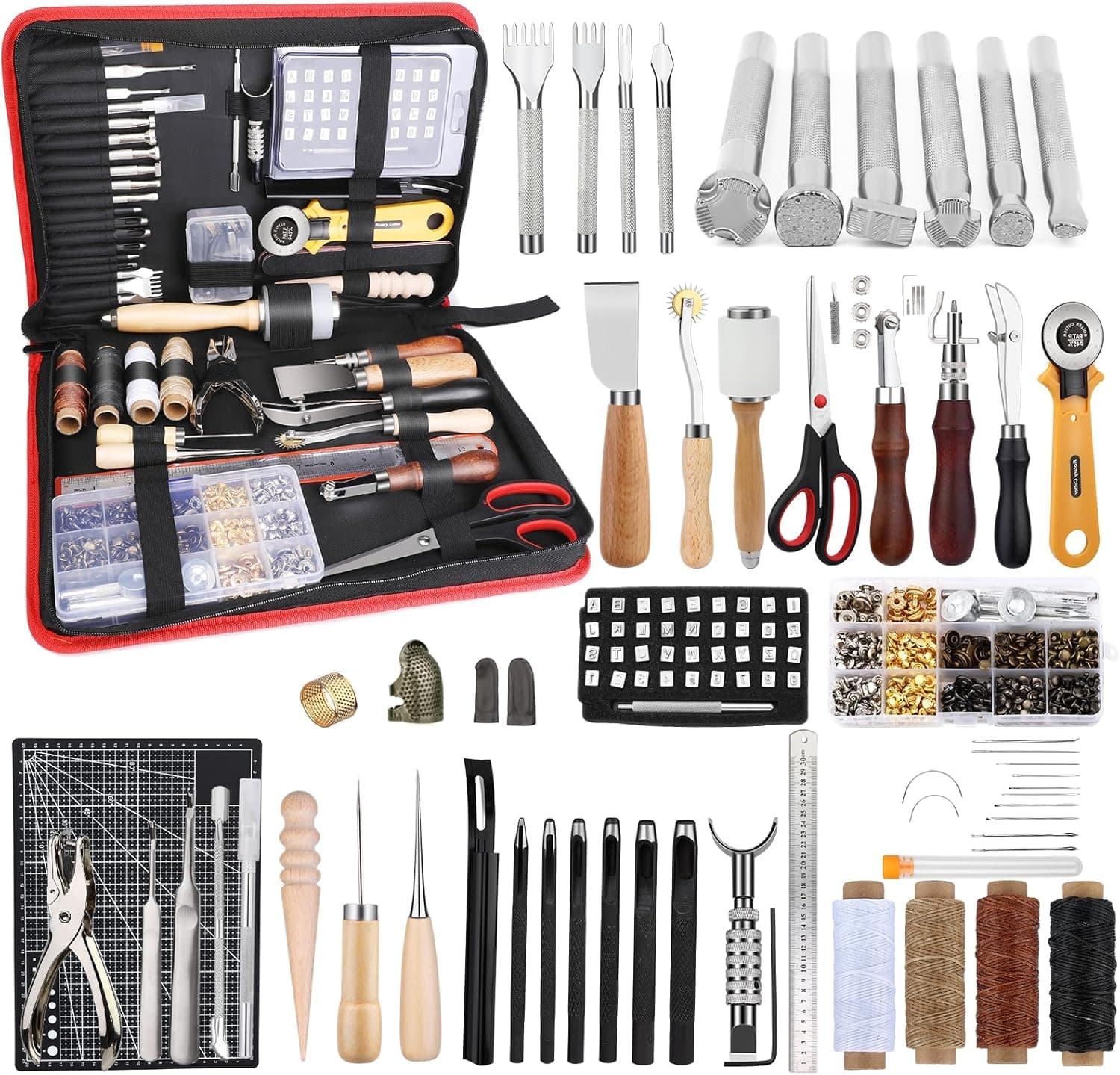 TLKKUE Leather Working Kit - Beginner's Leather Crafting Tool with Storage Bag for Sewing, Carving, Punching, Cutting, Stamping
