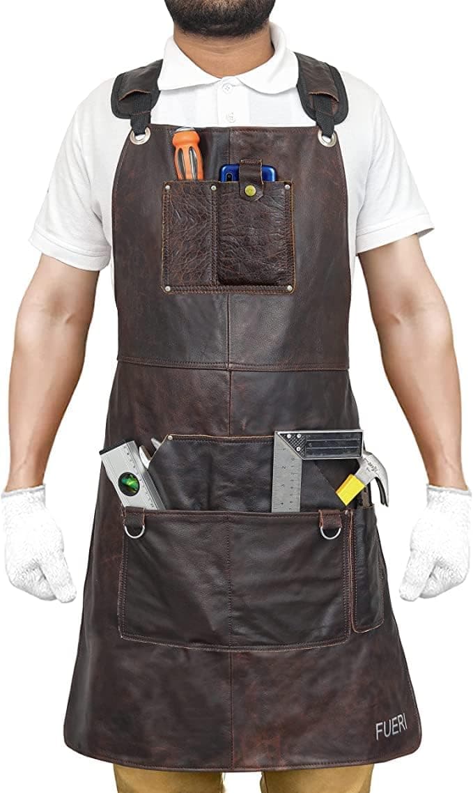 FUERI Leather Apron for Men and Women for Work Welding Cooking, Aprons with Pockets for Blacksmith Welder Construction Shop