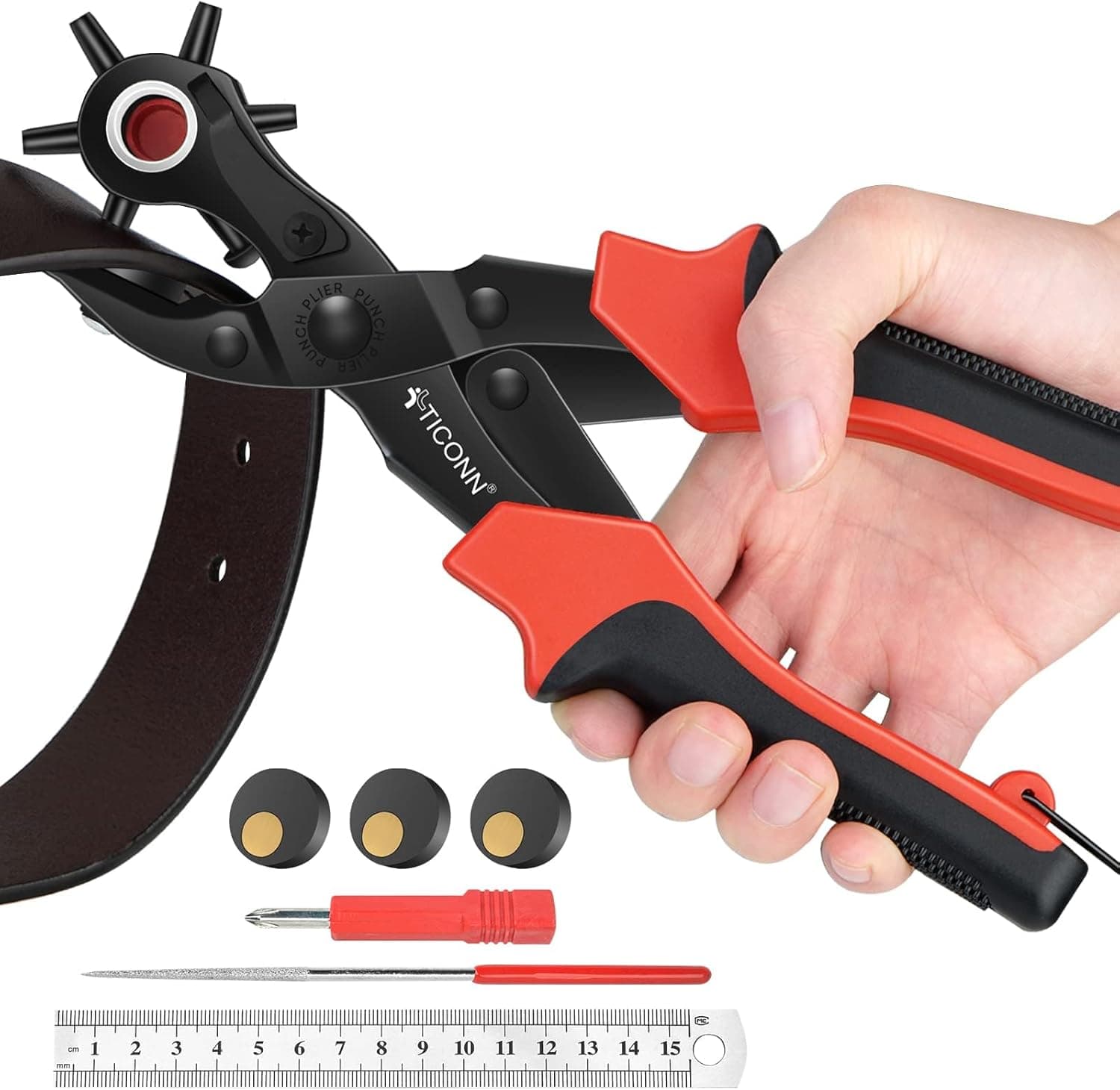 TICONN Leather Hole Punch Tool Set, Heavy Duty Multi-Size Hole Puncher for Belts, Watch Bands