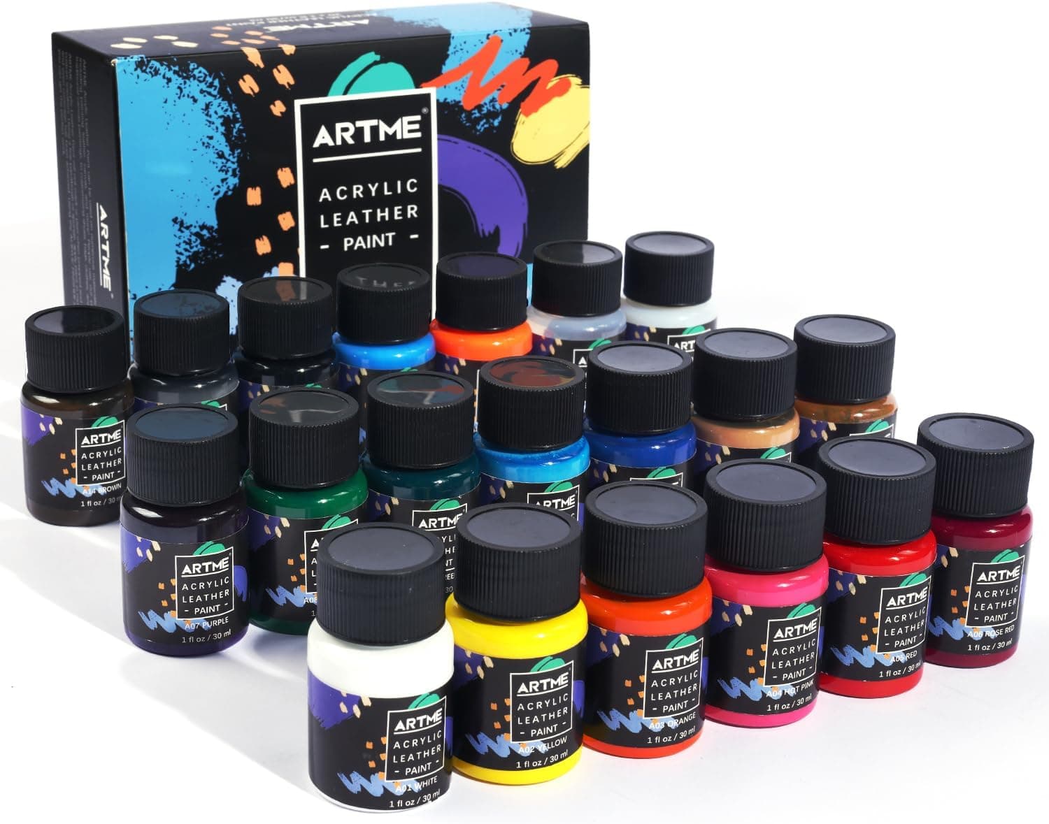 ARTME Acrylic Leather Paint Set, 20 Colors x 30ml Acrylic Leather Dye Kit Perfect for Shoes, Sneakers, Jackets, Sofa, and Car Seat