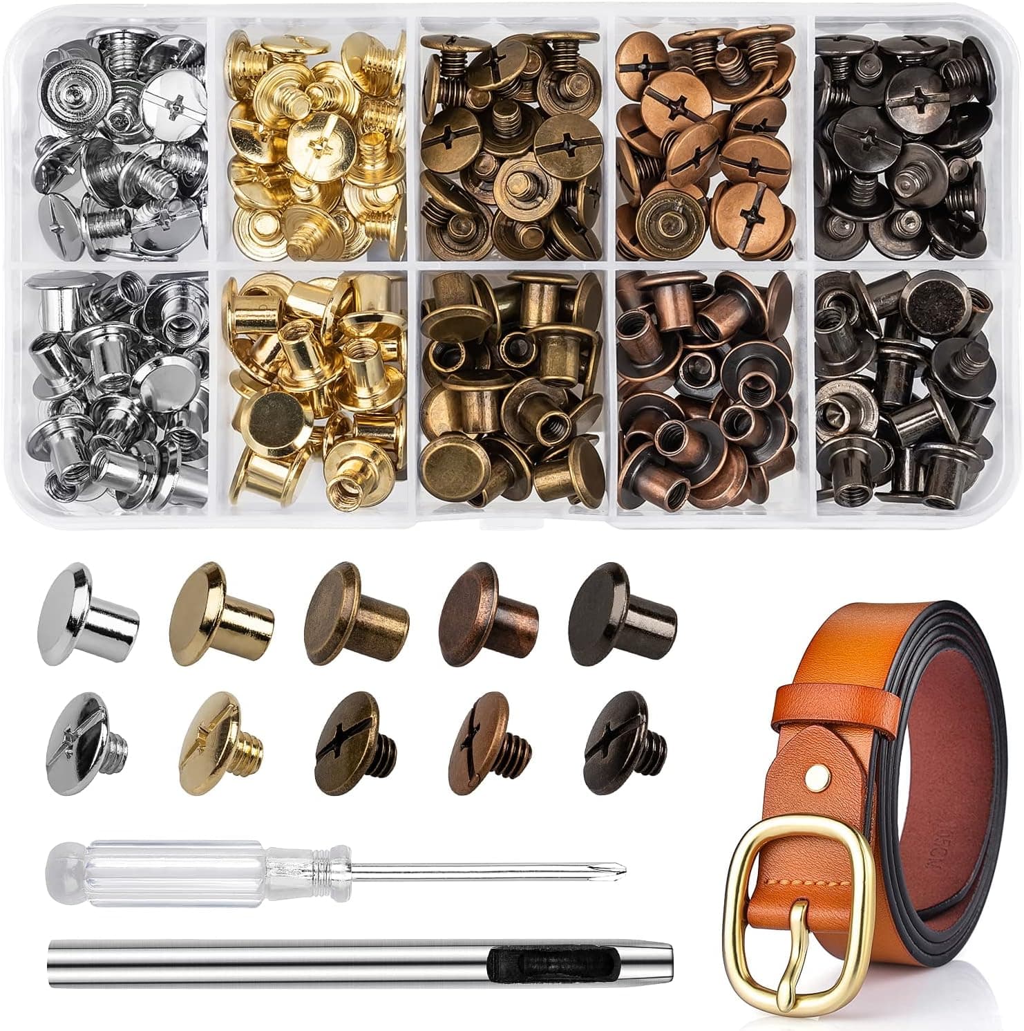 100 Sets Chicago Screws for Leather Crafting 7/20 Inch, 5 Colors of Rivets for Leather, Chicago Screws for DIY Leathercraft
