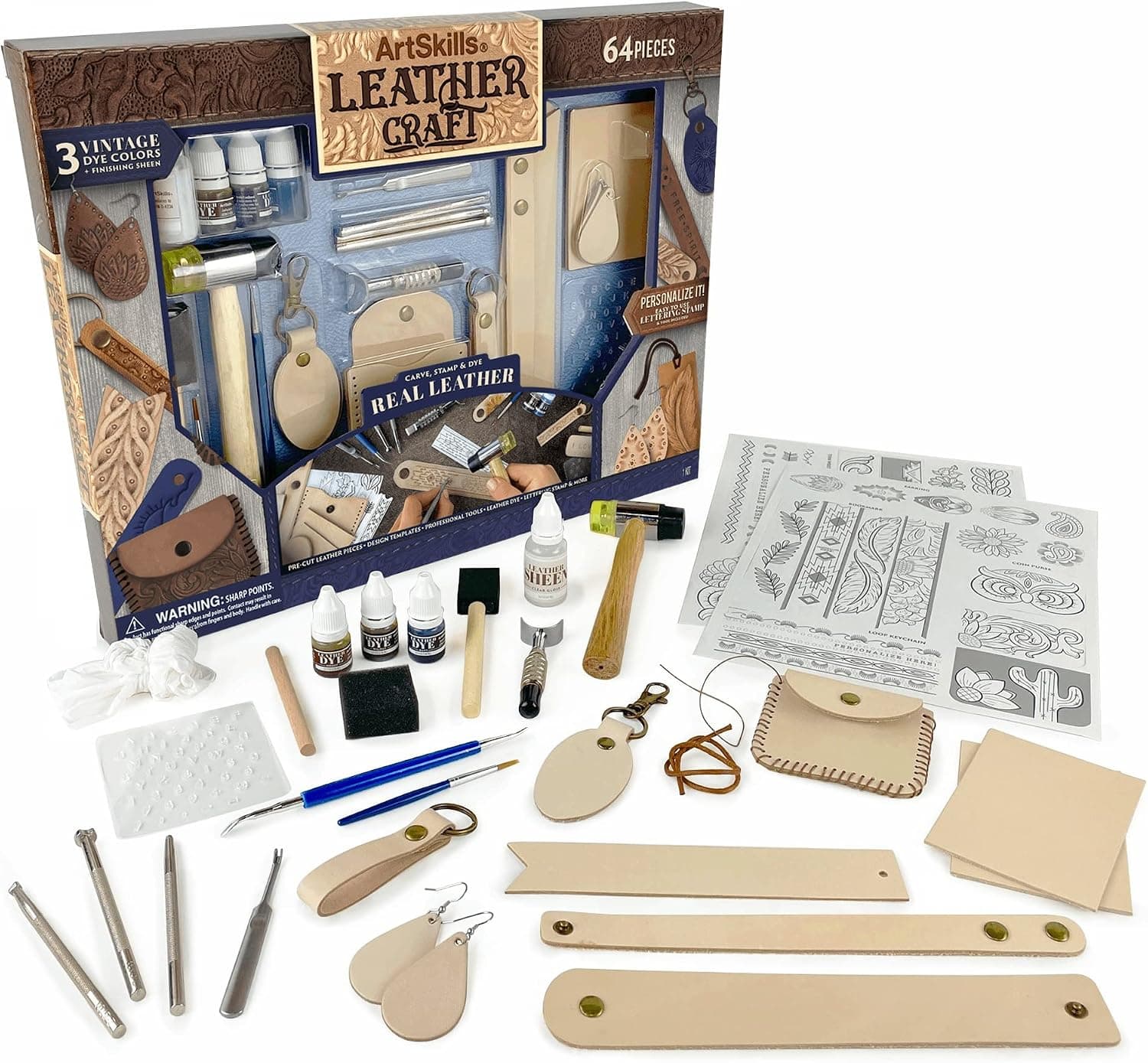 ArtSkills Leather Working Kit for Beginners with Leather Tools, Dyes, and Stamps - 64 pc