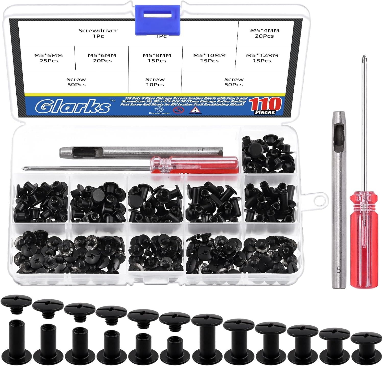 Glarks 110 Sets 6 Sizes Chicago Screws Leather Rivets with Punch and Screwdriver Kit (Black)
