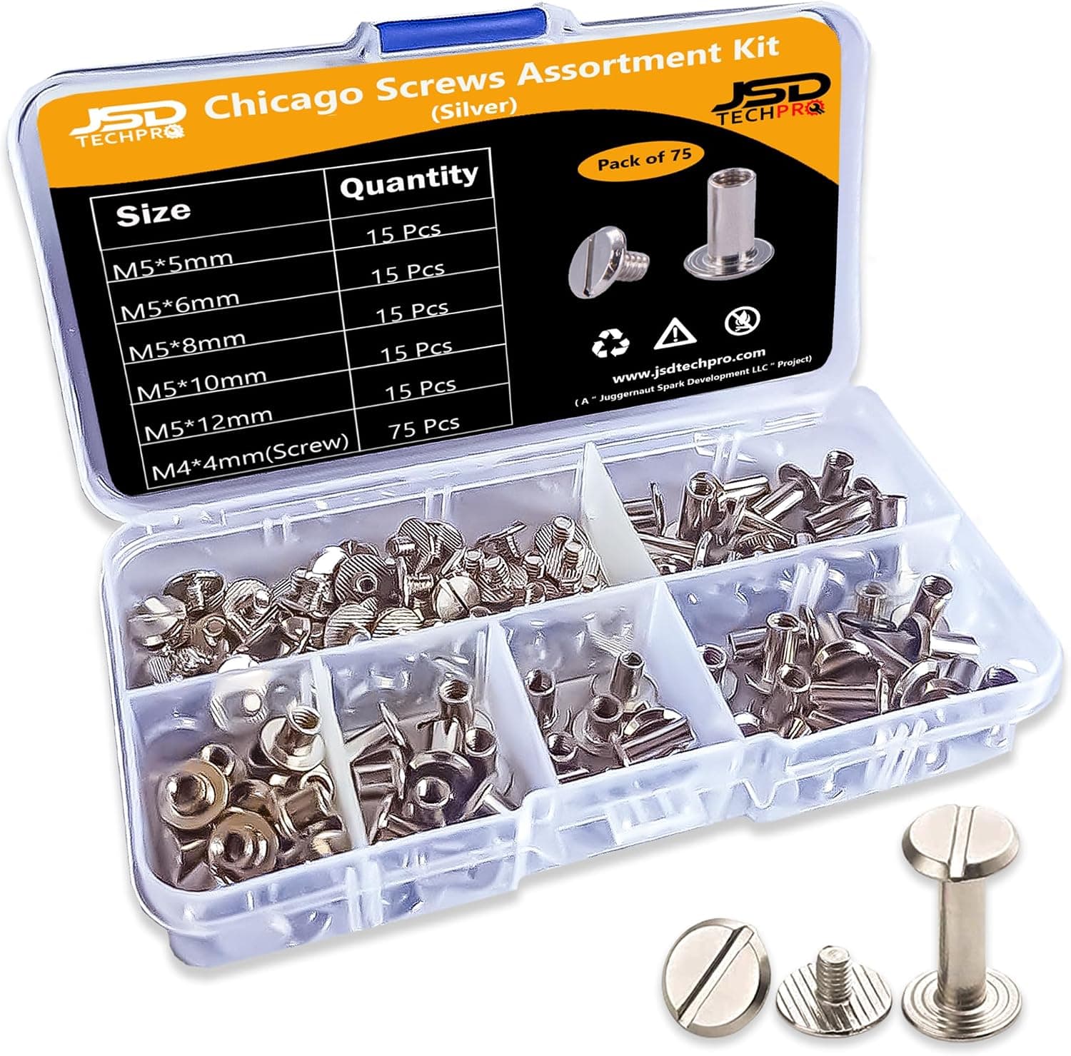 JSDTECHPRO Chicago Screws for Leather Assorted Kit - 5 Sizes Flat Head, Carbon Steel Chicago Rivets (Silver)