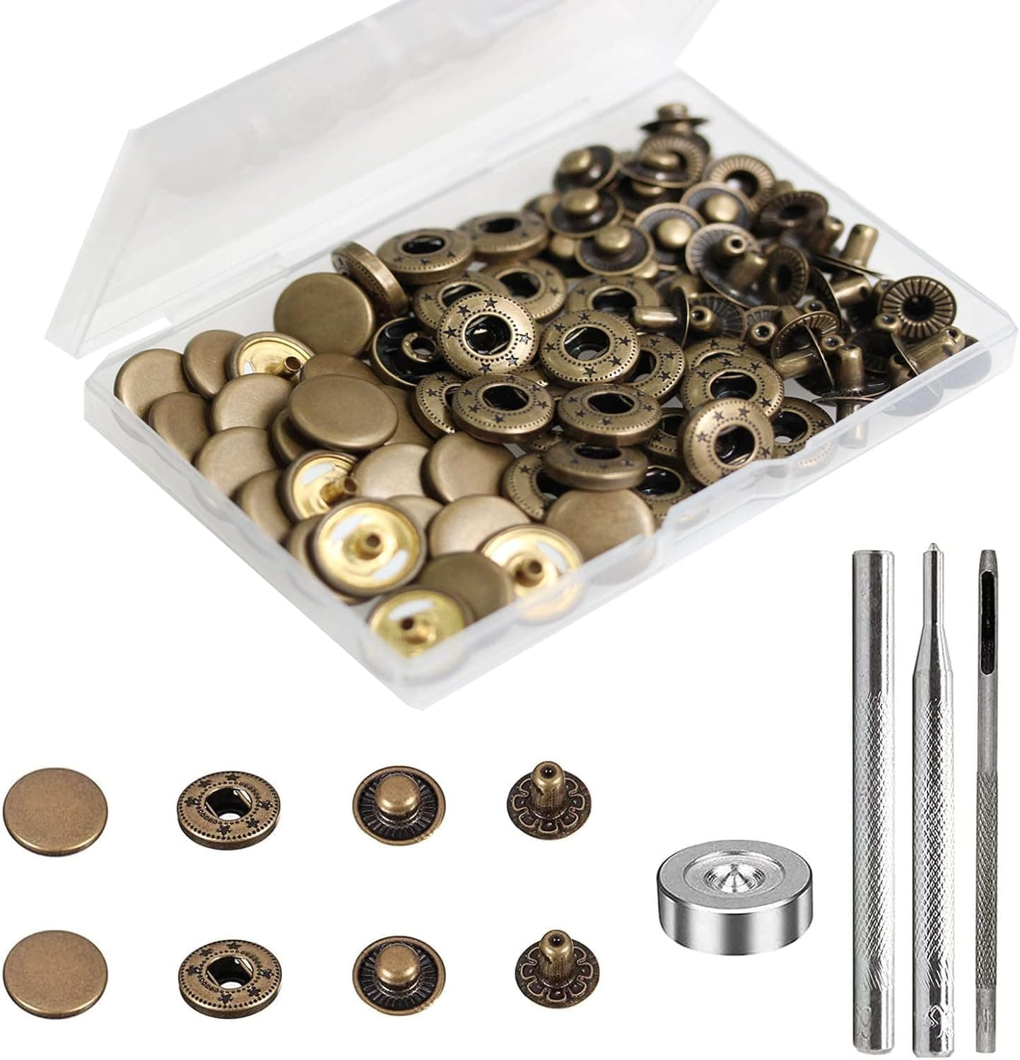 BetterJonny 24 Sets Heavy Duty Leather Snap Fasteners Kit, 15mm Metal Snap Buttons Press Studs with 4 Setter Tools, Antique Brass