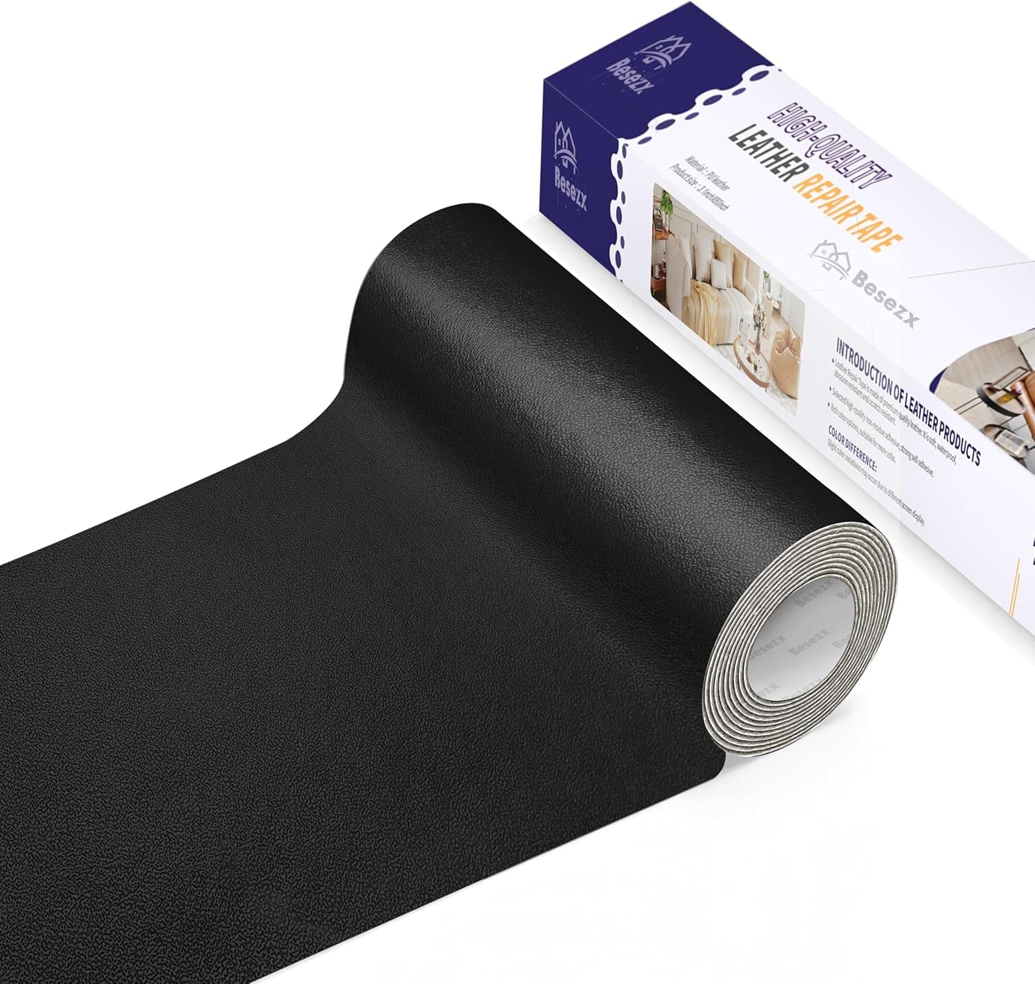 Besezx Leather Repair Patch Tape Kit, Self Adhesive Leather Repair for Furniture, Couch, Sofa, Car Seats, 3.1in x 60in Black