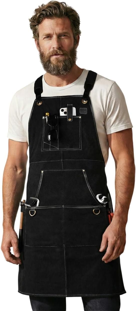 LEATHER VILLAGE Work Apron - Heavy Duty Woodworking Apron for Men with Tool Pockets, Black (Size M to XXL)