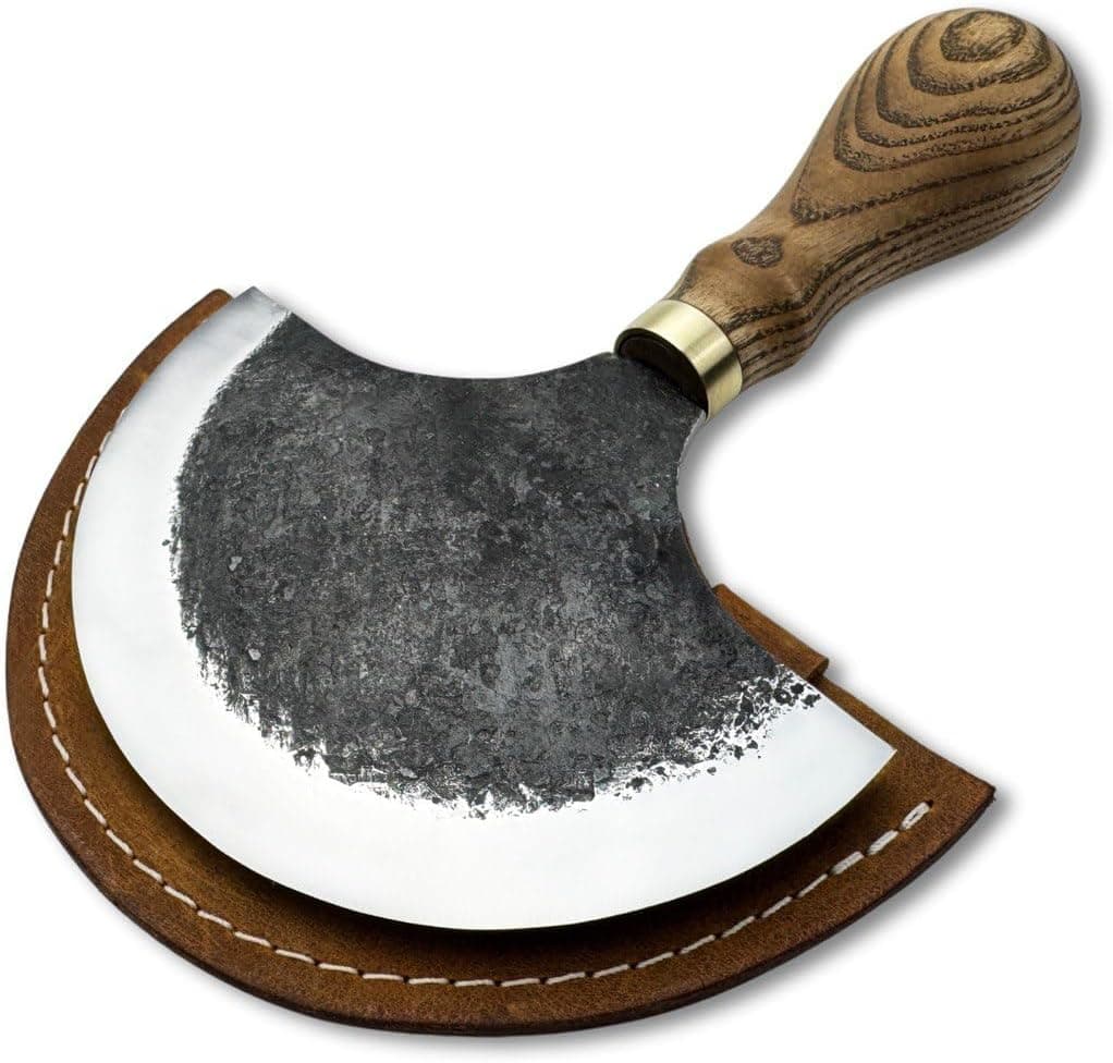 Sharky Leather Round Knife 4.1 in (10.5 cm) - Half Moon Head Knife, Carbon Steel Blade with Ash Wood Handle, Handmade in Ukraine (With Sheath)