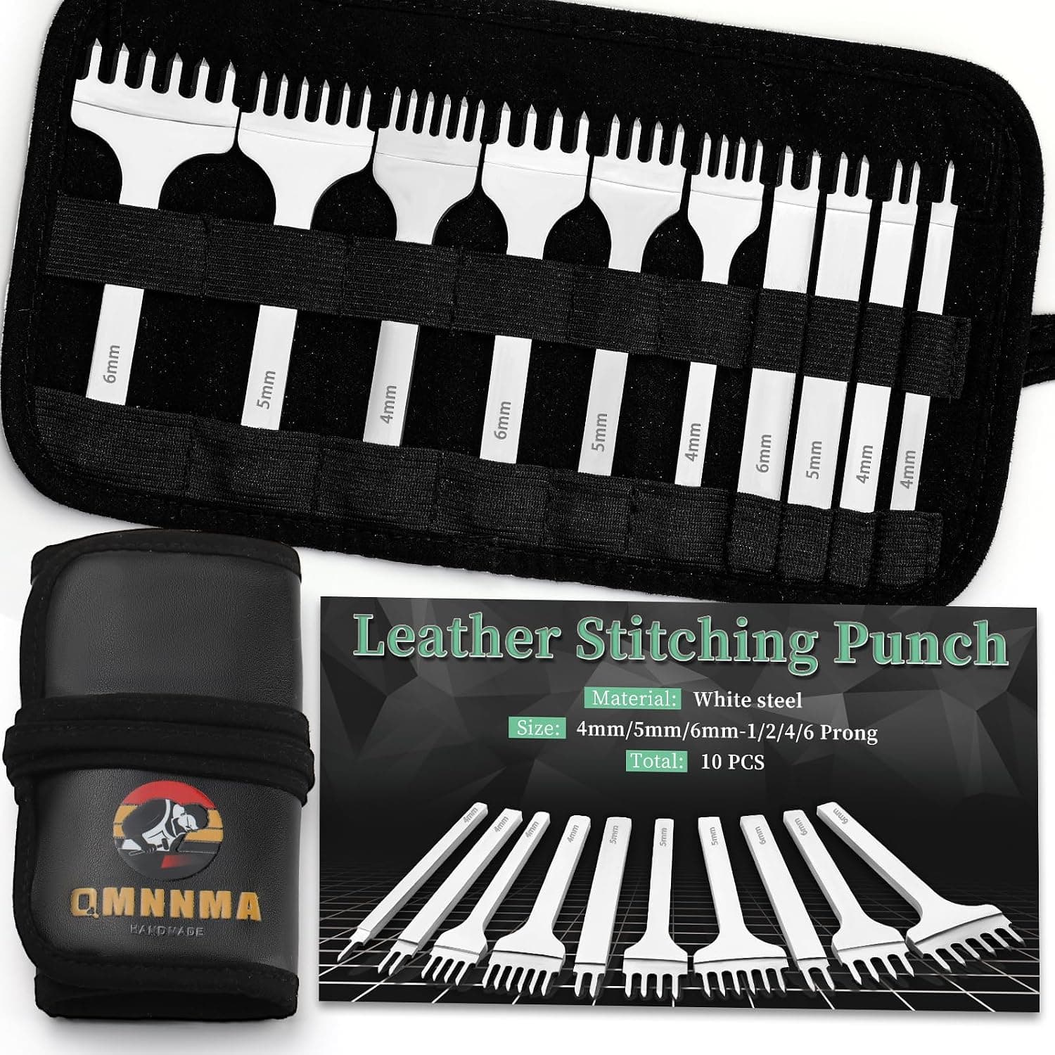 QMNNMA 10Pcs Leather Stitching Punch, Hole Punch Set Diamond Stitching Chisel Set, Multiple Sizes White Steel 1/2/4/6 Prong