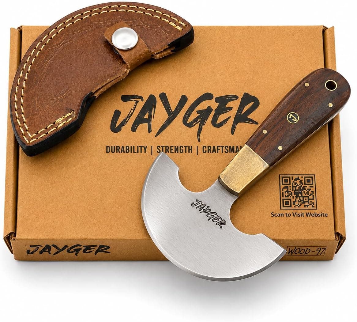 Jayger Handmade Round Head Knife | Carbon Steel | Half Moon Leather Working Knife | Wooden Handle | With Leather Sheath