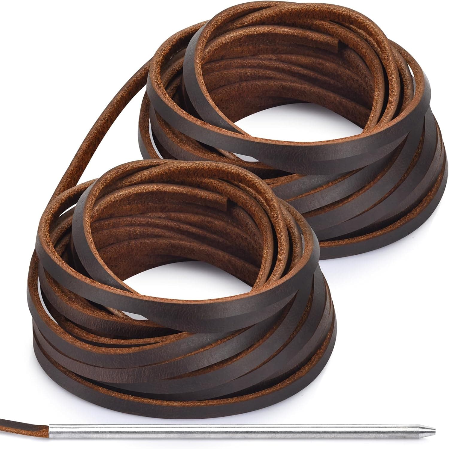 10 Yards Flat Genuine Leather Laces, Leather Strips Cord, Full Grain Cowhide Straps String for Braiding (4MM Dark Brown, 1 Lacing Needle)