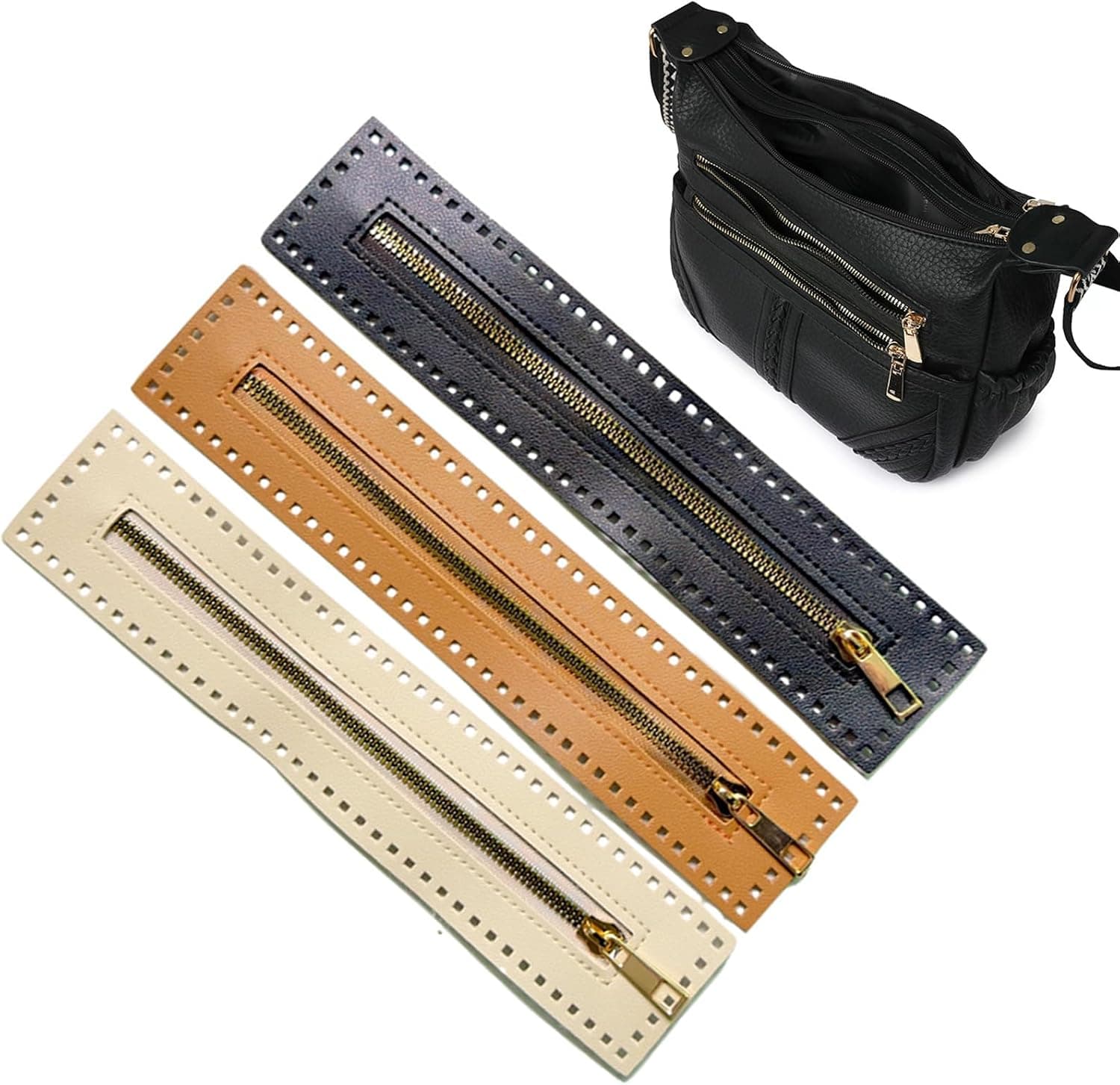 3Pcs PU Leather Zipper for Sewing, 10.6 Inch PU Leather Metal Zipper Fastener for Crochet Bags Shoulder Bags Purse Making